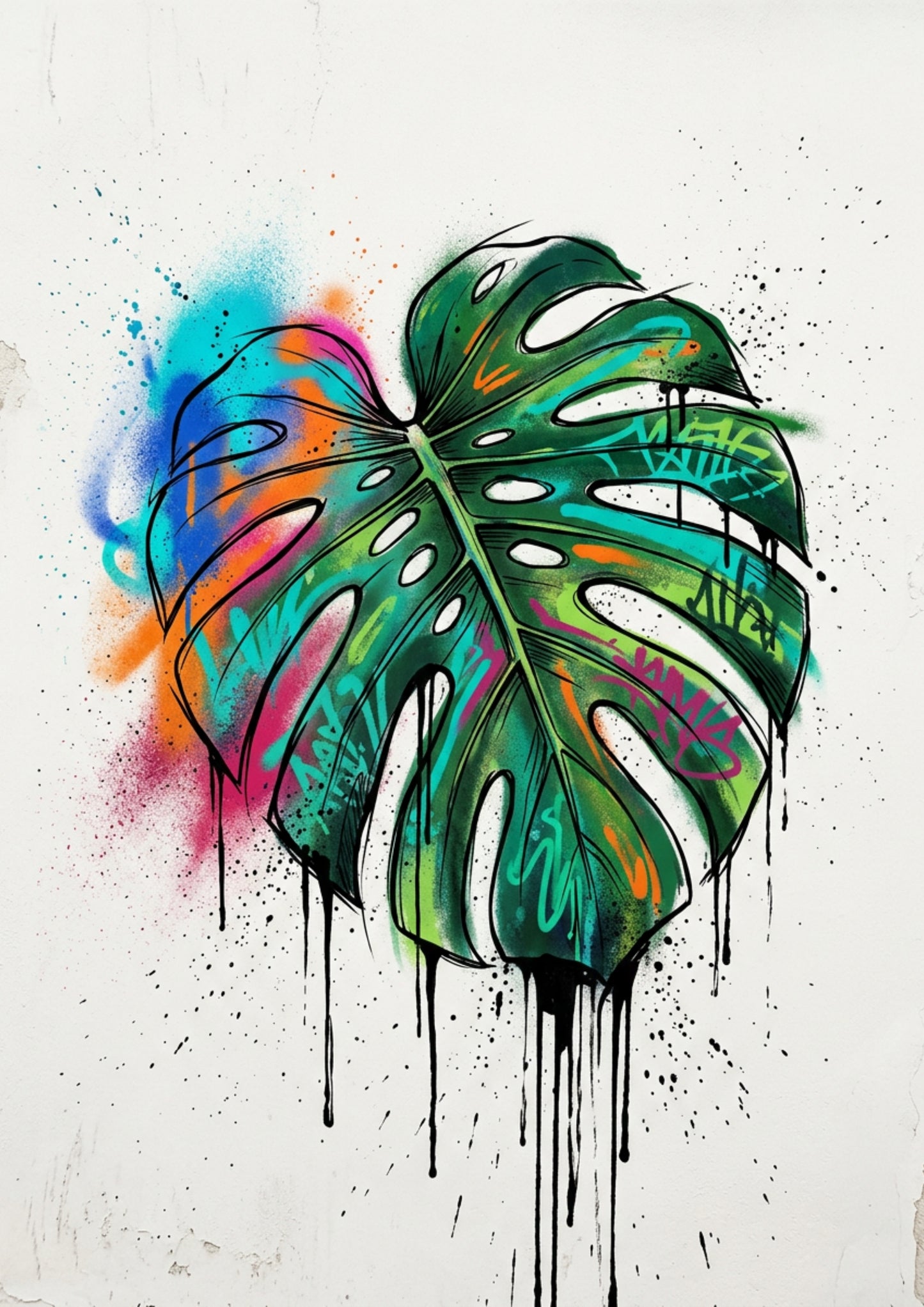 Monstera Leaf Graffiti Art Print – Expressive Botanical Graffiti‑Style Wall Art