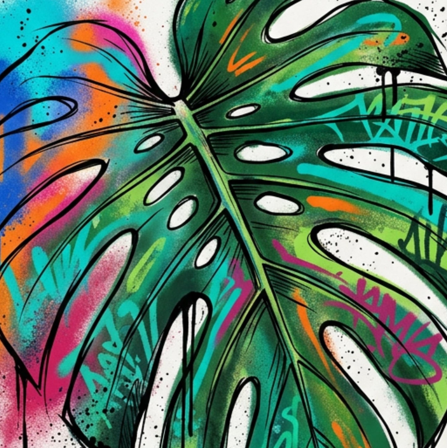 Monstera Leaf Graffiti Art Print – Expressive Botanical Graffiti‑Style Wall Art