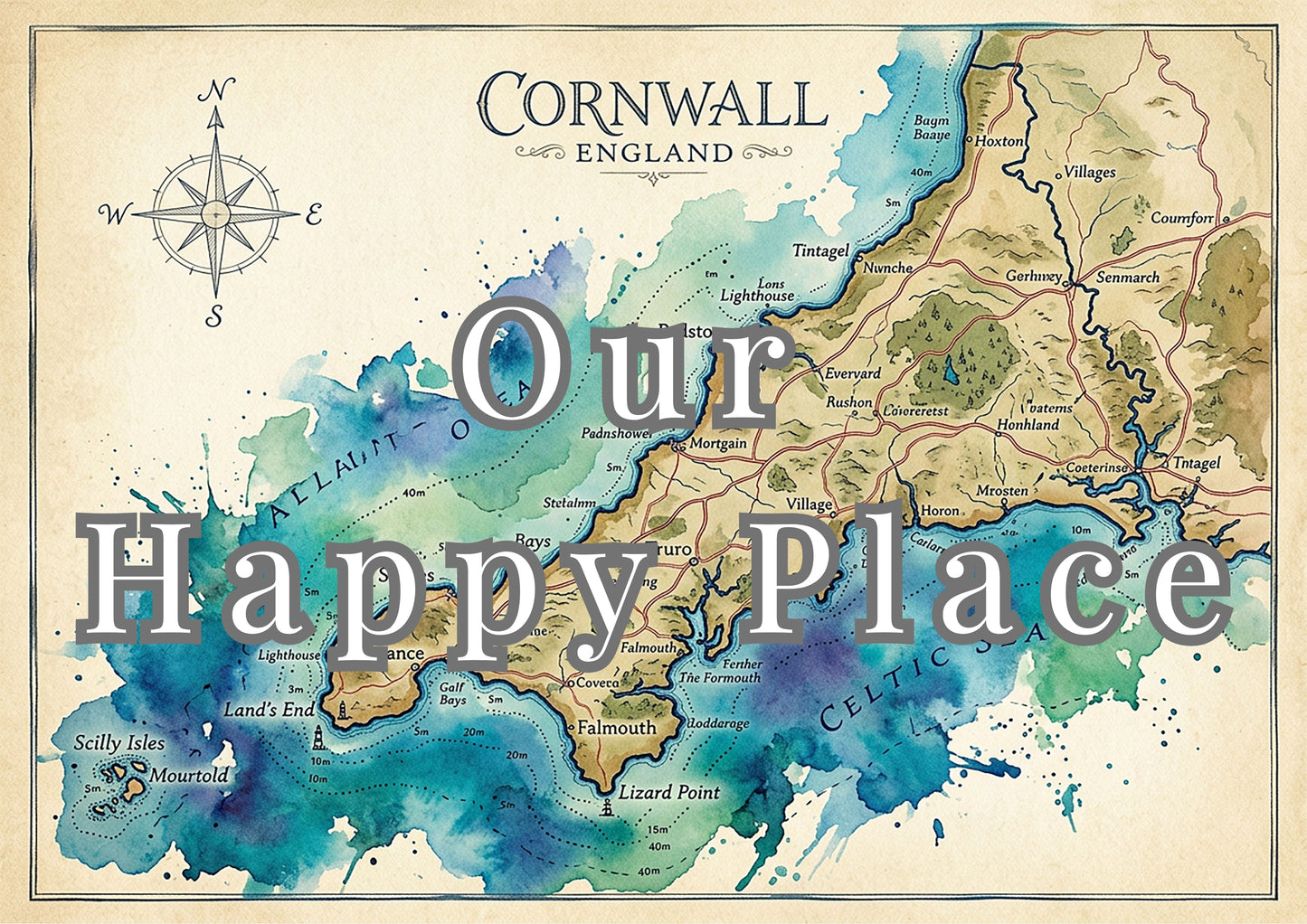 Cornwall Illustrated Map – “Our Happy Place” Coastal Wall Art