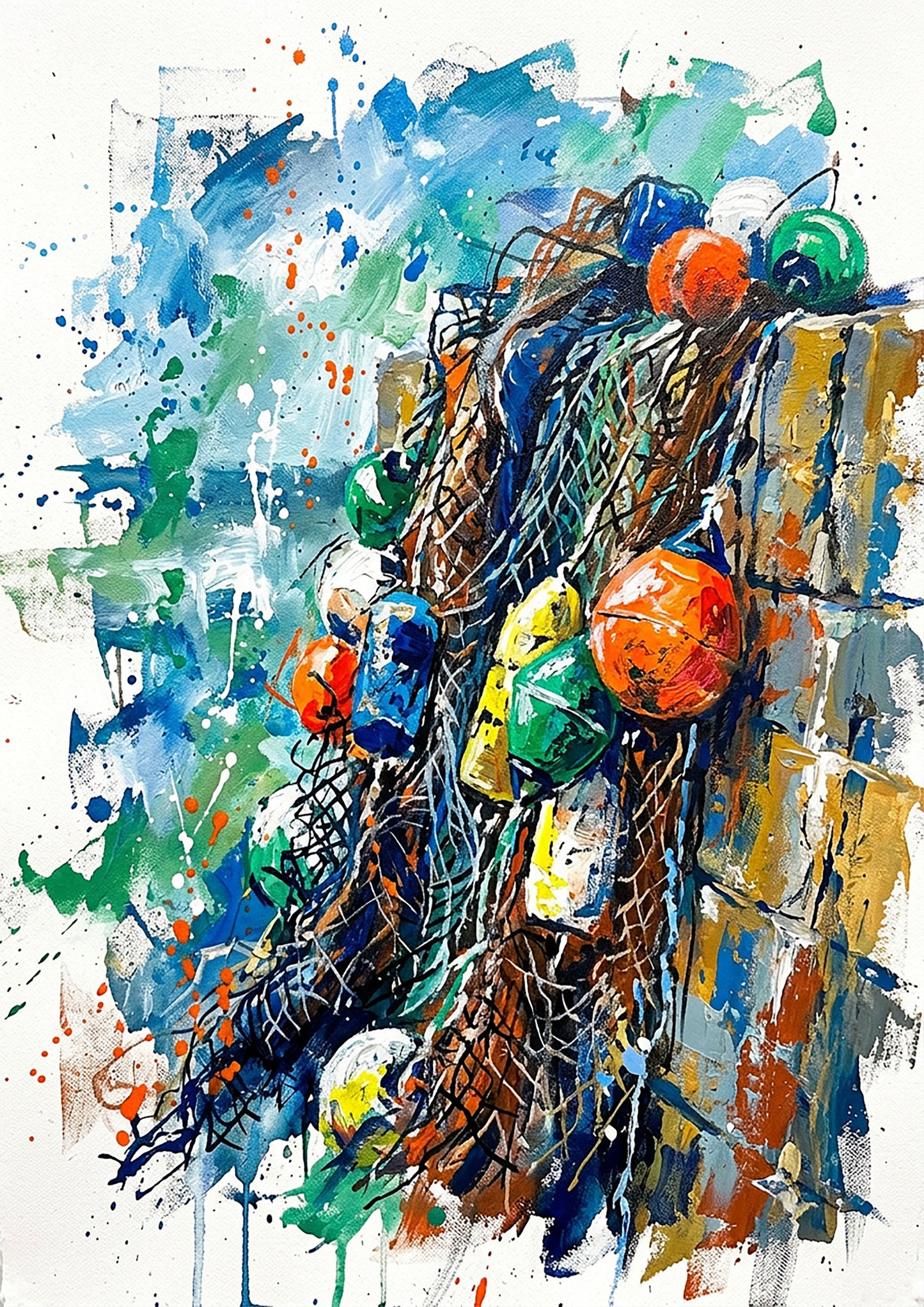 Expressive Coloursplash Fishing Net & Buoys Print – Contemporary Coastal Wall Art