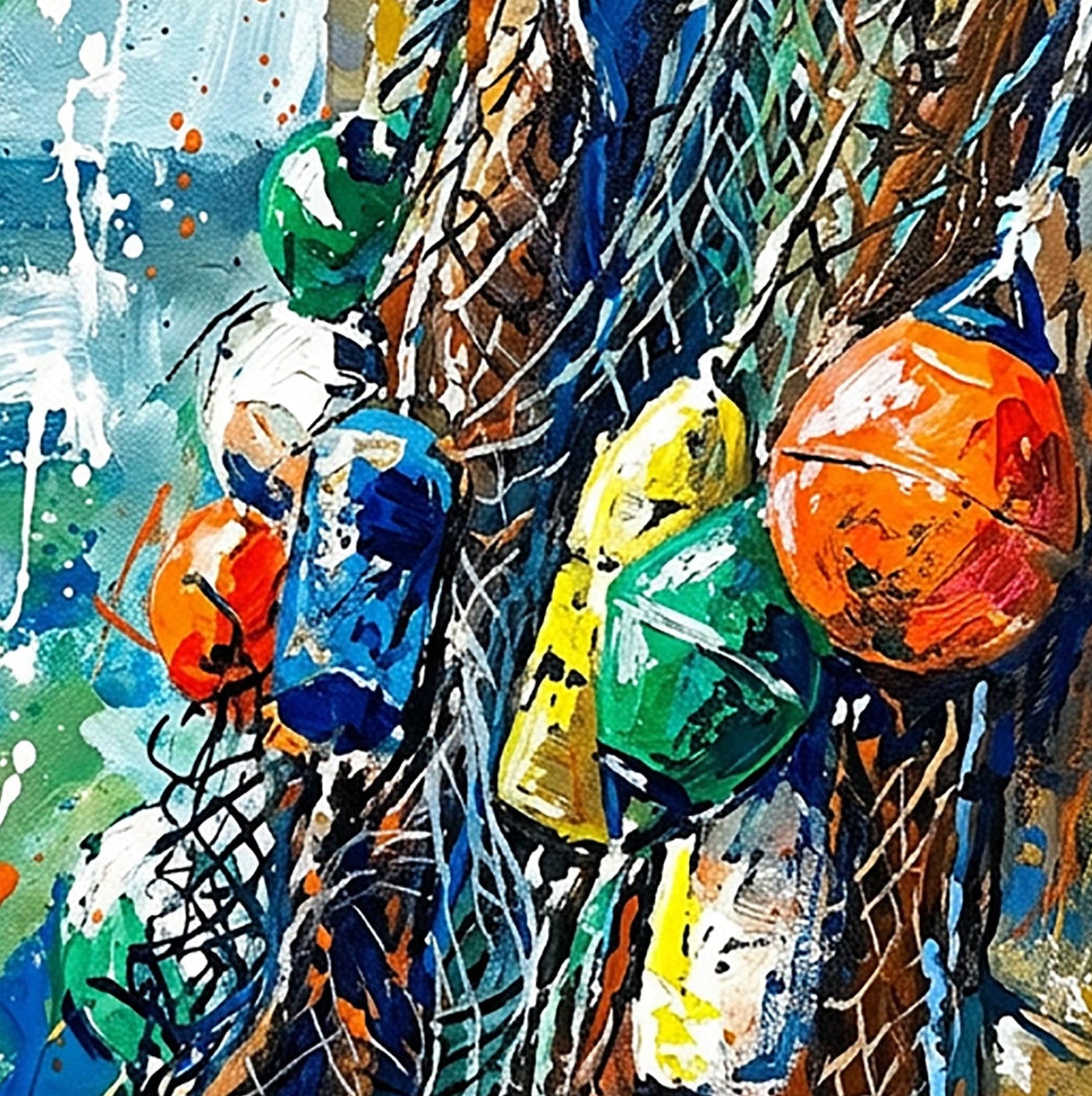 Expressive Coloursplash Fishing Net & Buoys Print – Contemporary Coastal Wall Art