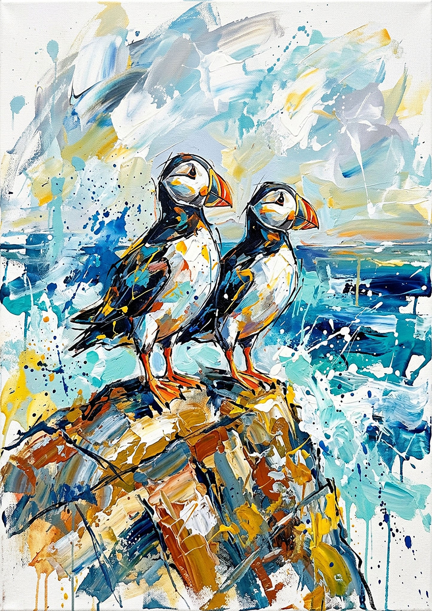 Puffins on the Cliff – Abstract Coastal Coloursplash Print