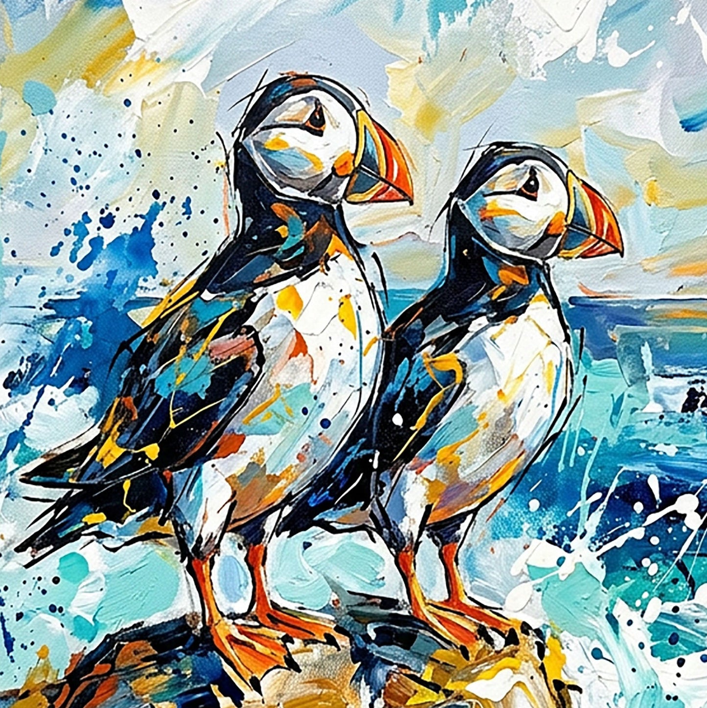 Puffins on the Cliff – Abstract Coastal Coloursplash Print