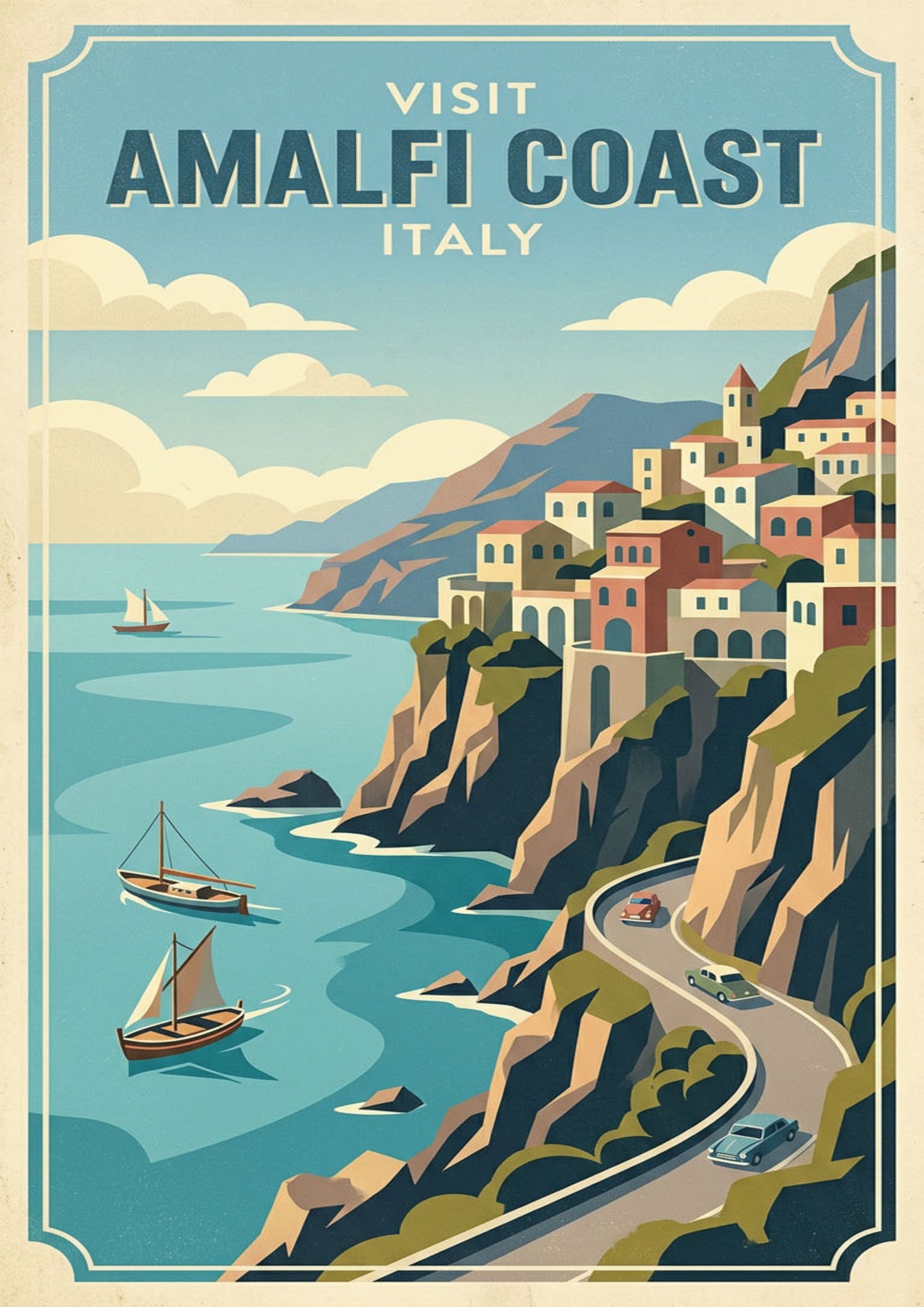 Amalfi Coast Italy Art Print – Vintage‑Style Coastal Travel Poster