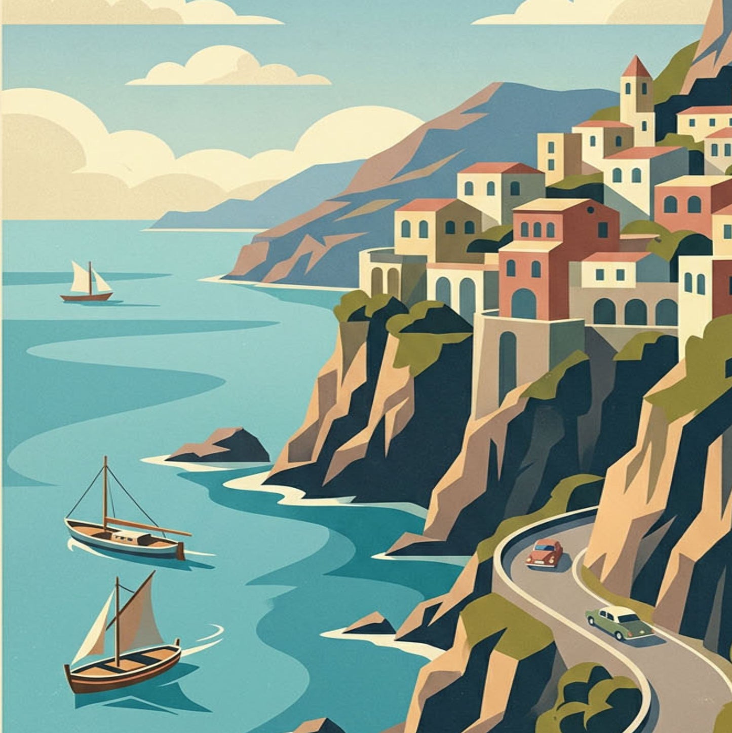 Amalfi Coast Italy Art Print – Vintage‑Style Coastal Travel Poster