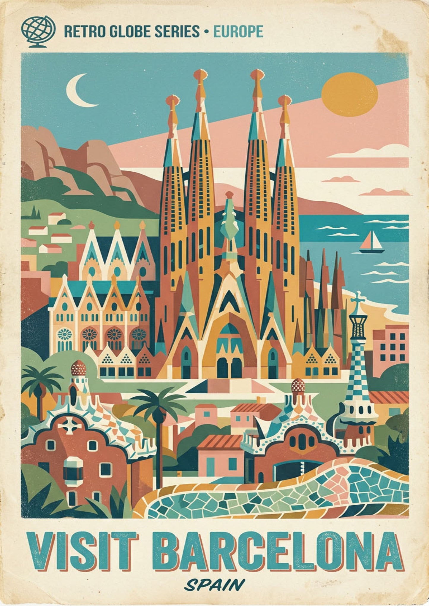 Barcelona Retro Travel Print – Mid‑Century Spain Wall Art