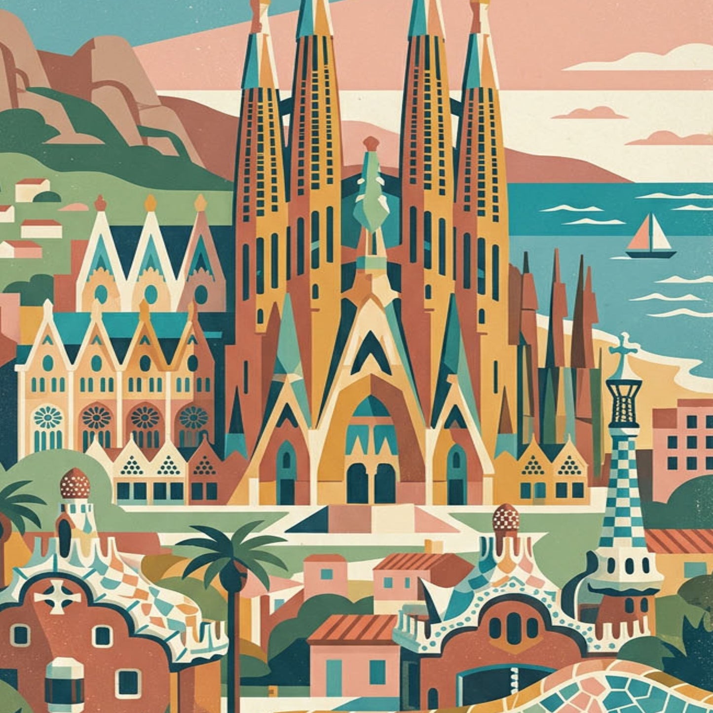 Barcelona Retro Travel Print – Mid‑Century Spain Wall Art