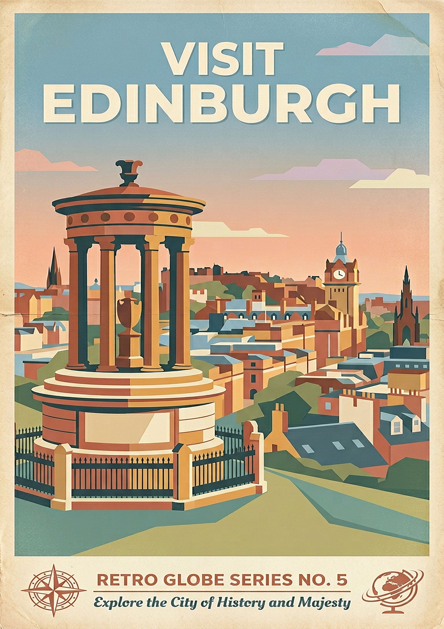 Edinburgh Retro Travel Print – Mid‑Century Calton Hill Wall Art
