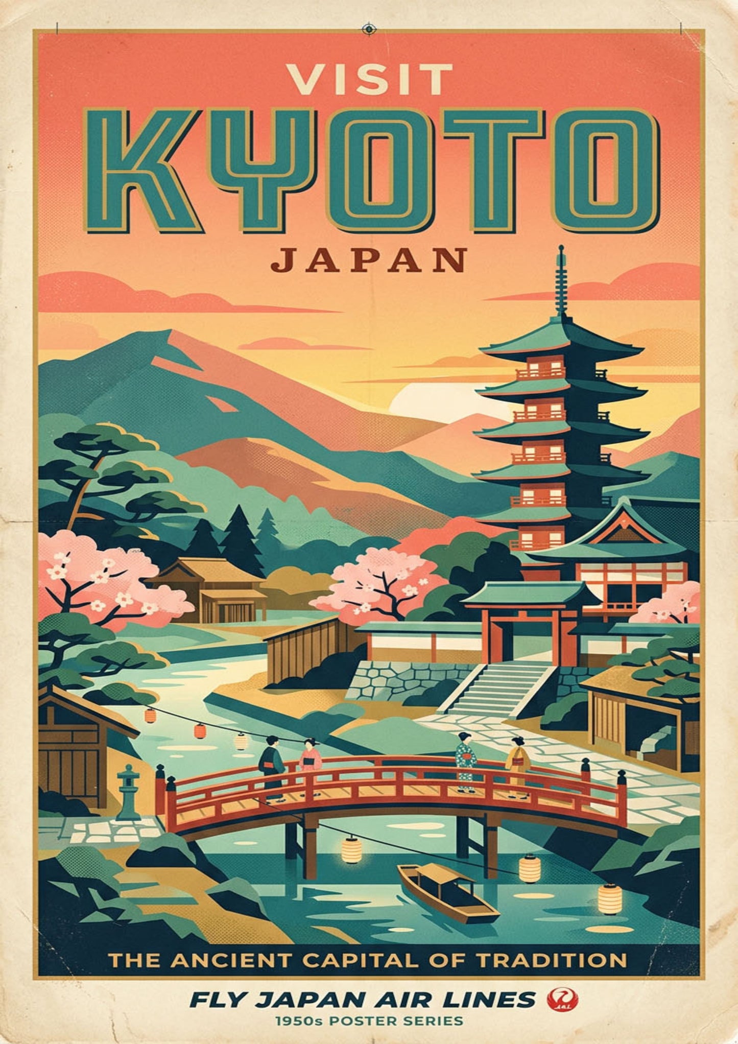 Kyoto Japan Art Print – Retro Mid‑Century Travel Poster