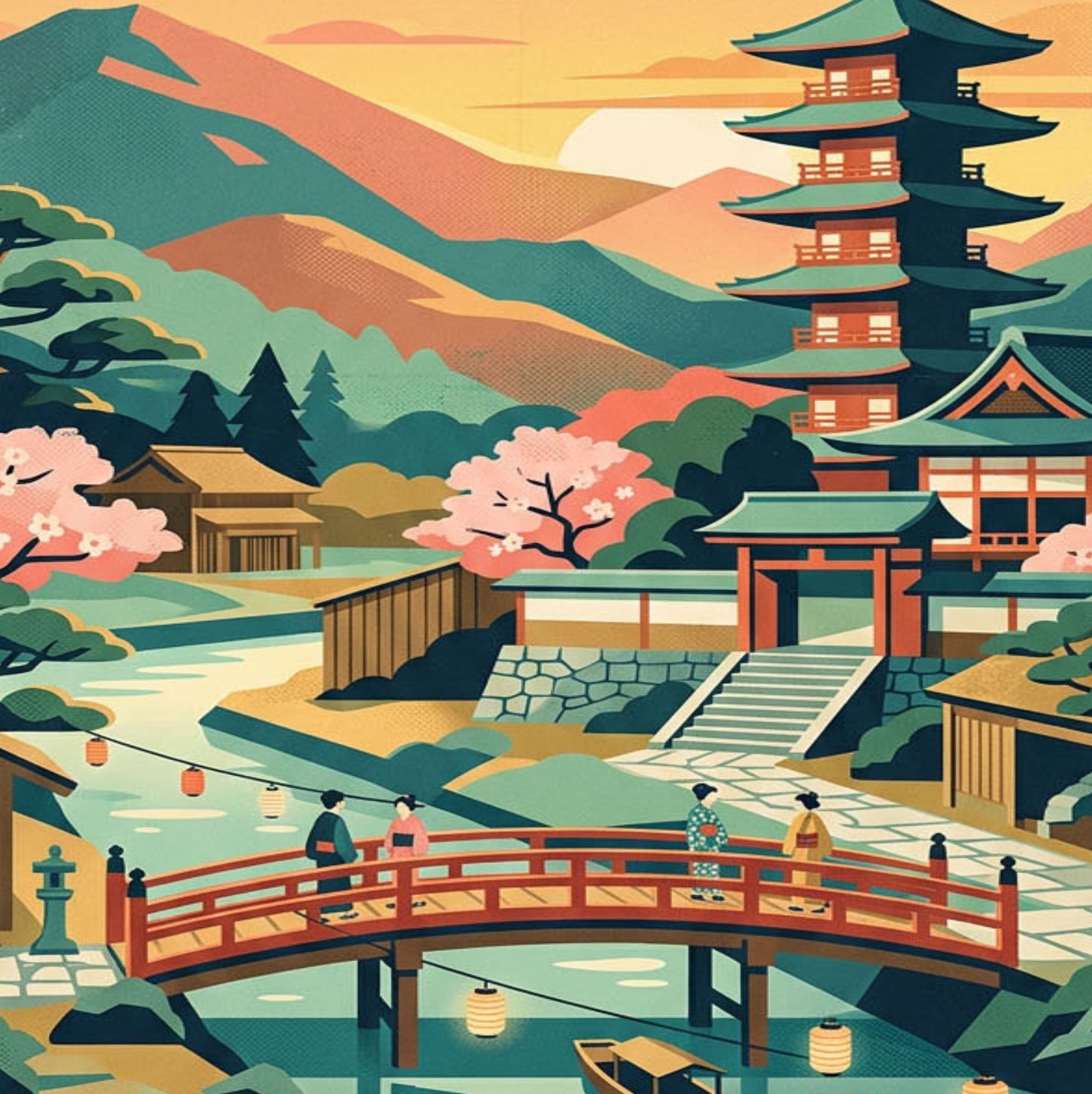 Kyoto Japan Art Print – Retro Mid‑Century Travel Poster