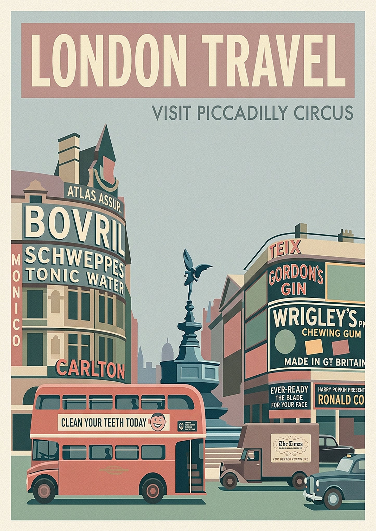 London Retro Travel Print – Mid‑Century Piccadilly Circus Wall Art