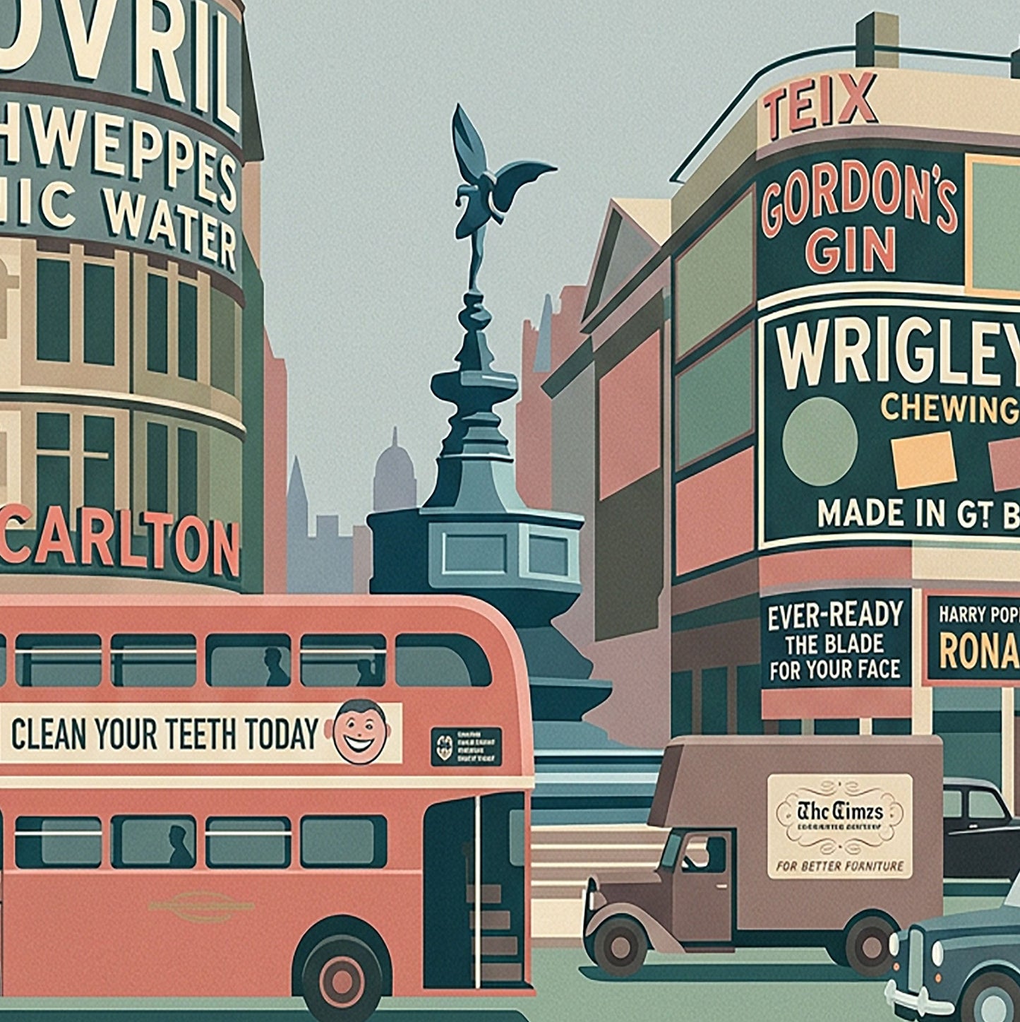 London Retro Travel Print – Mid‑Century Piccadilly Circus Wall Art