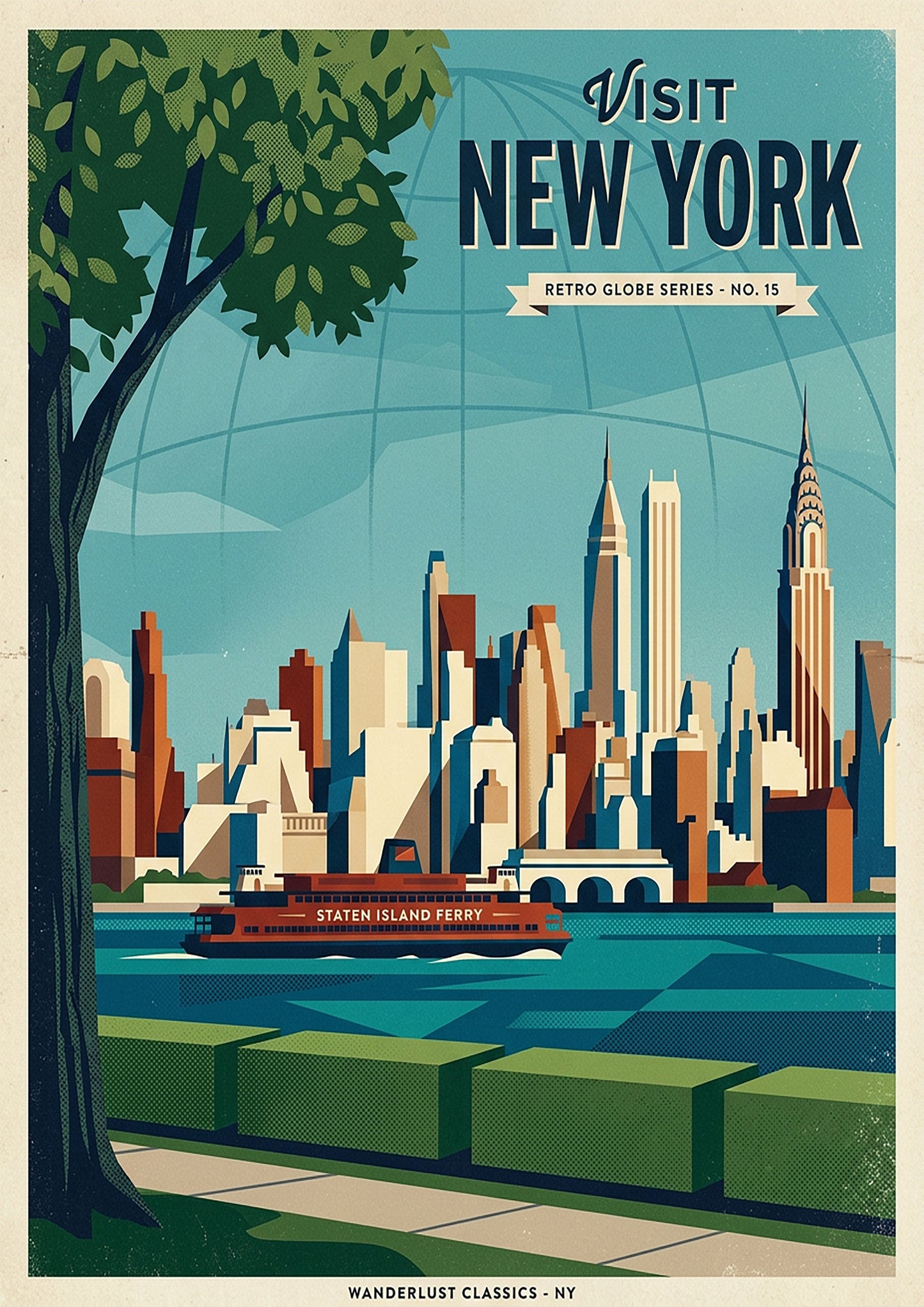 New York Retro Travel Print – Mid‑Century Skyline Wall Art
