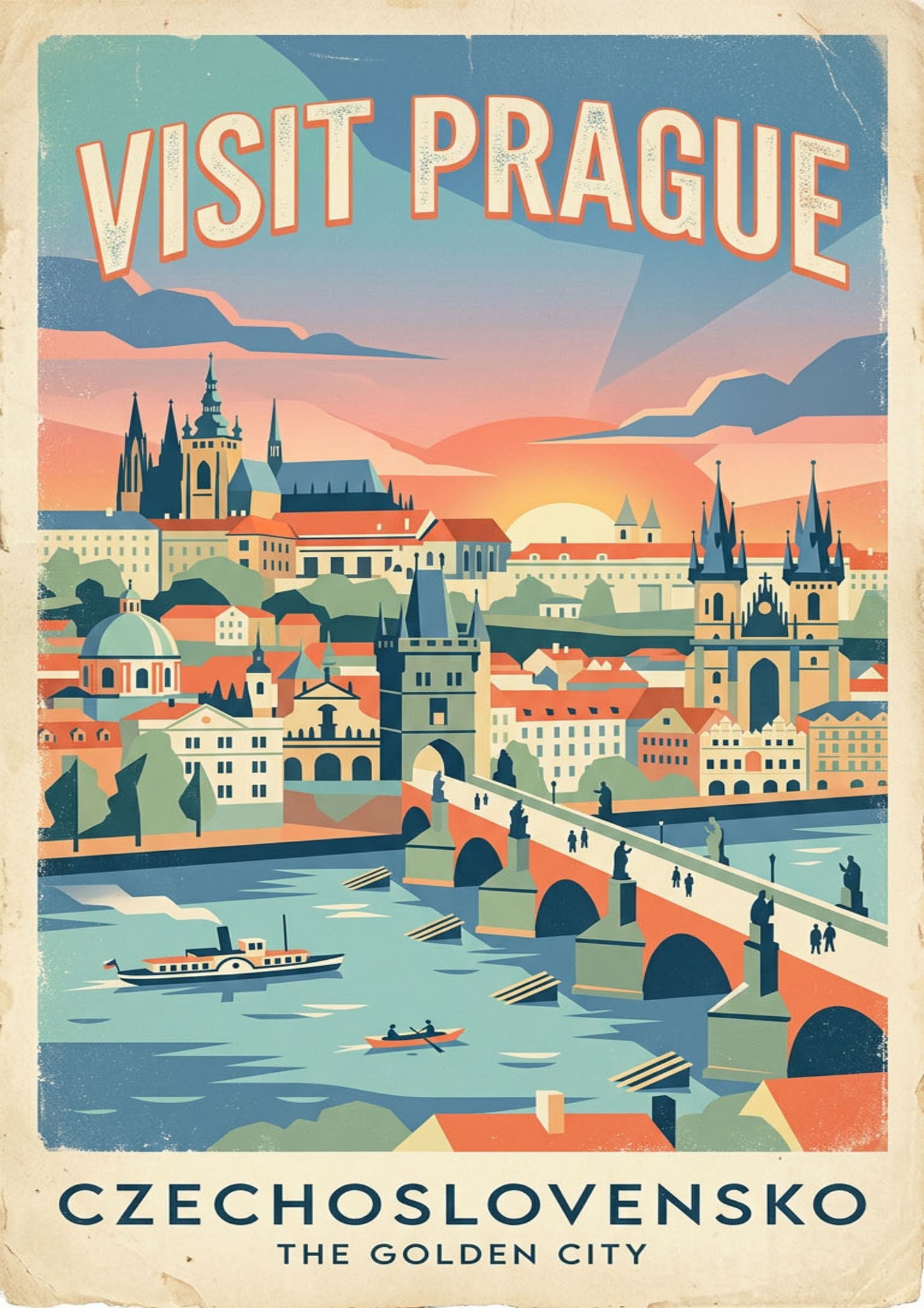 Prague Travel Poster – Vintage Golden City Wall Art