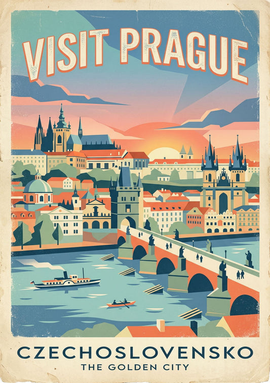 Prague Travel Poster – Vintage Golden City Wall Art