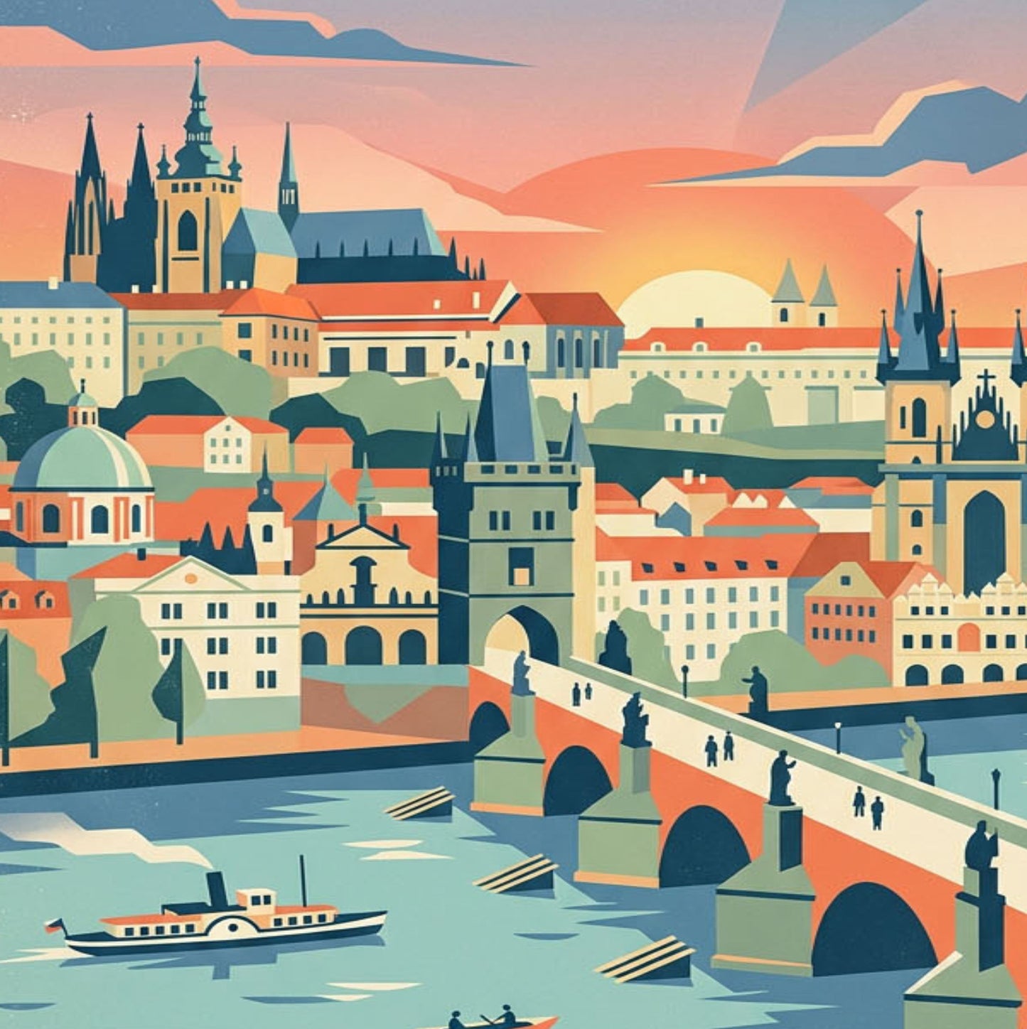 Prague Travel Poster – Vintage Golden City Wall Art