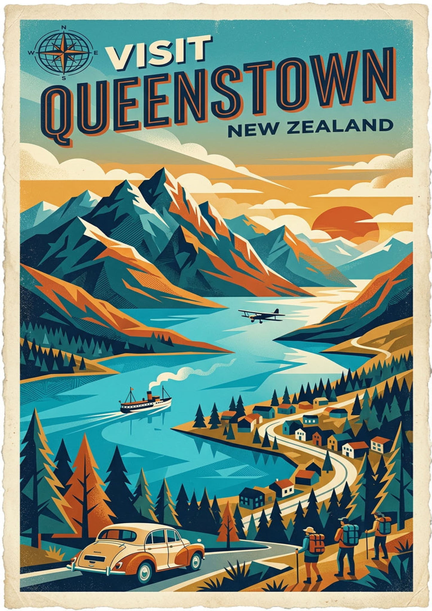 Queenstown New Zealand Travel Poster – Vintage Adventure Wall Art