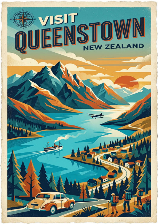 Queenstown New Zealand Travel Poster – Vintage Adventure Wall Art
