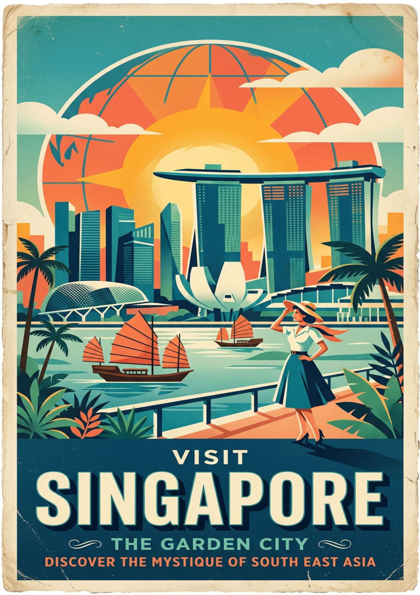 Singapore Retro Travel Print – Mid‑Century Modern Skyline Wall Art