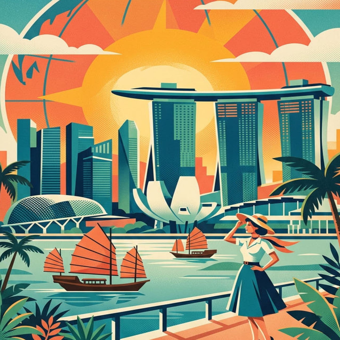 Singapore Retro Travel Print – Mid‑Century Modern Skyline Wall Art