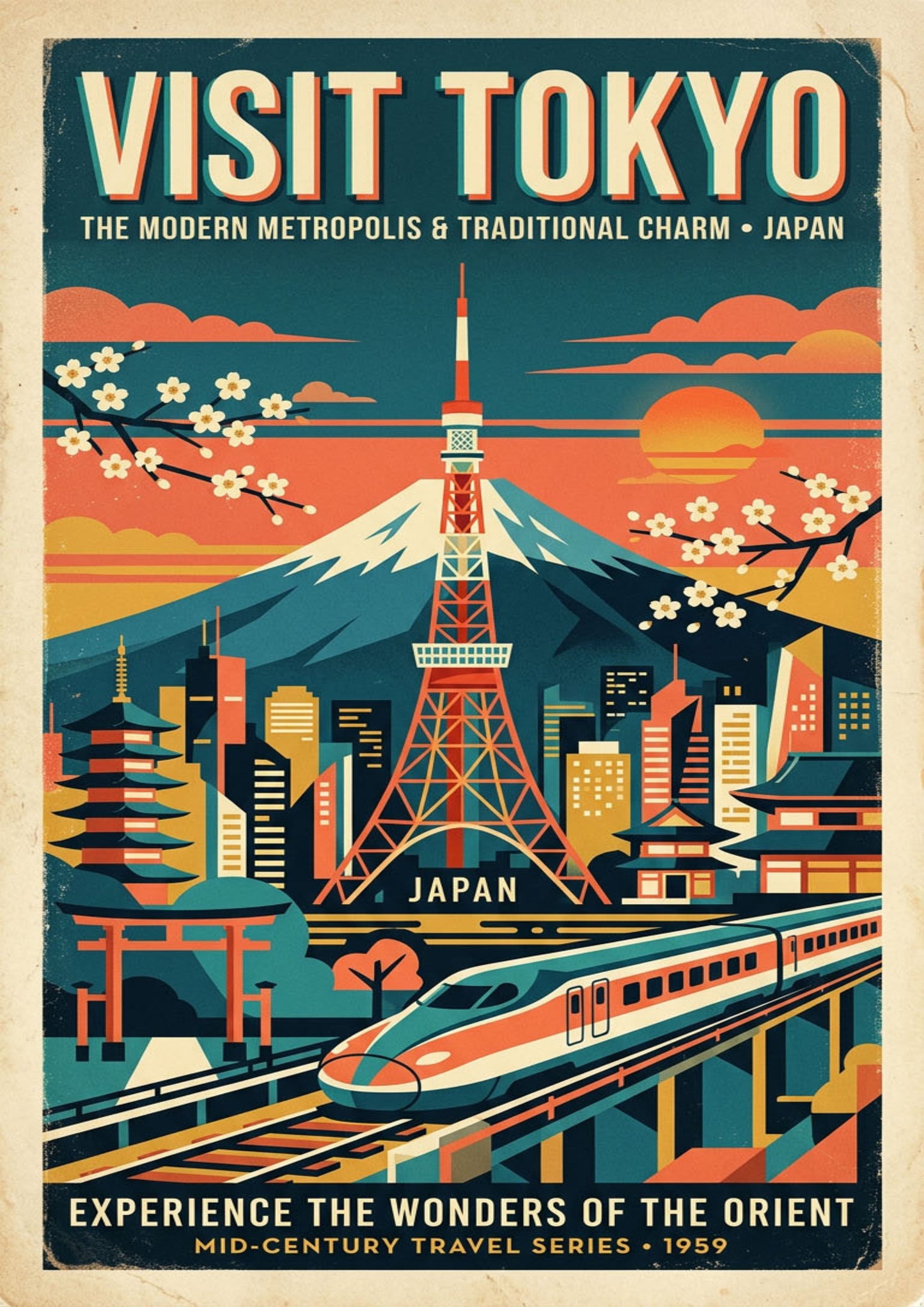 Tokyo Retro Travel Print – Mid‑Century Modern Japan Wall Art
