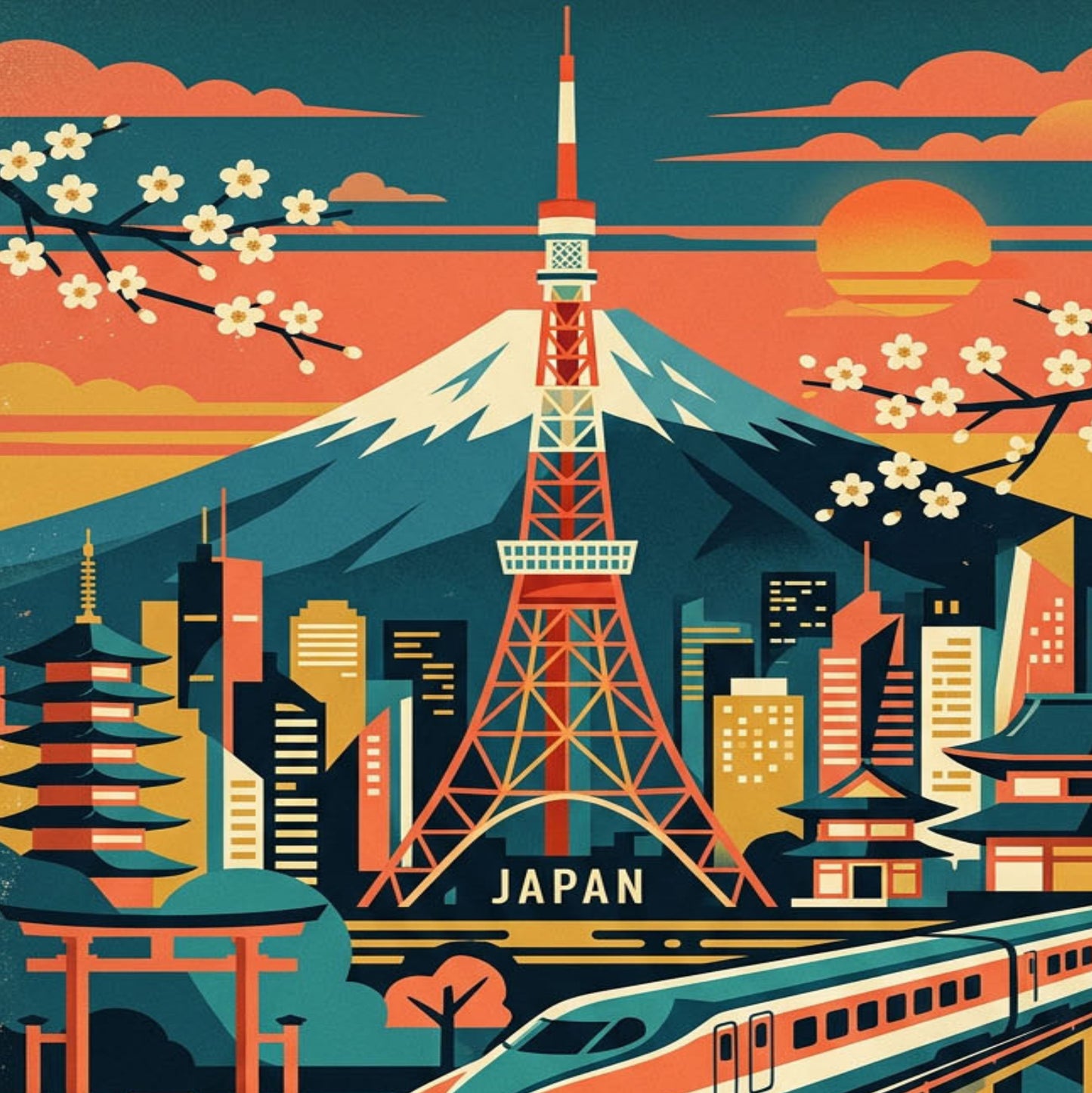 Tokyo Retro Travel Print – Mid‑Century Modern Japan Wall Art