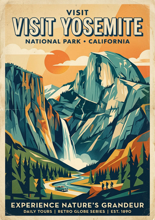 Yosemite National Park Retro Travel Poster – Mid-Century Geometric Landscape Art (Framed/Unframed)