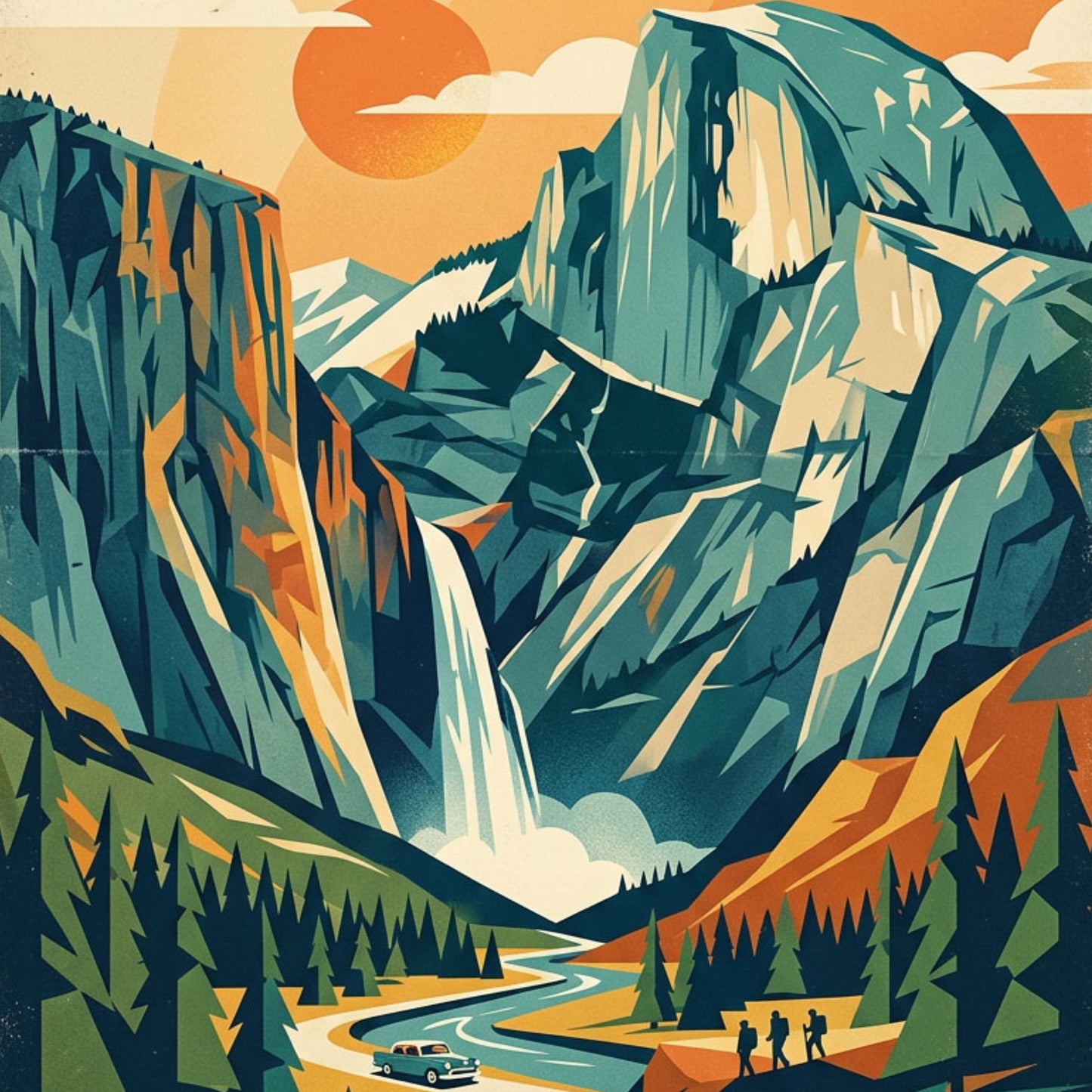Yosemite National Park Retro Travel Poster – Mid-Century Geometric Landscape Art (Framed/Unframed)