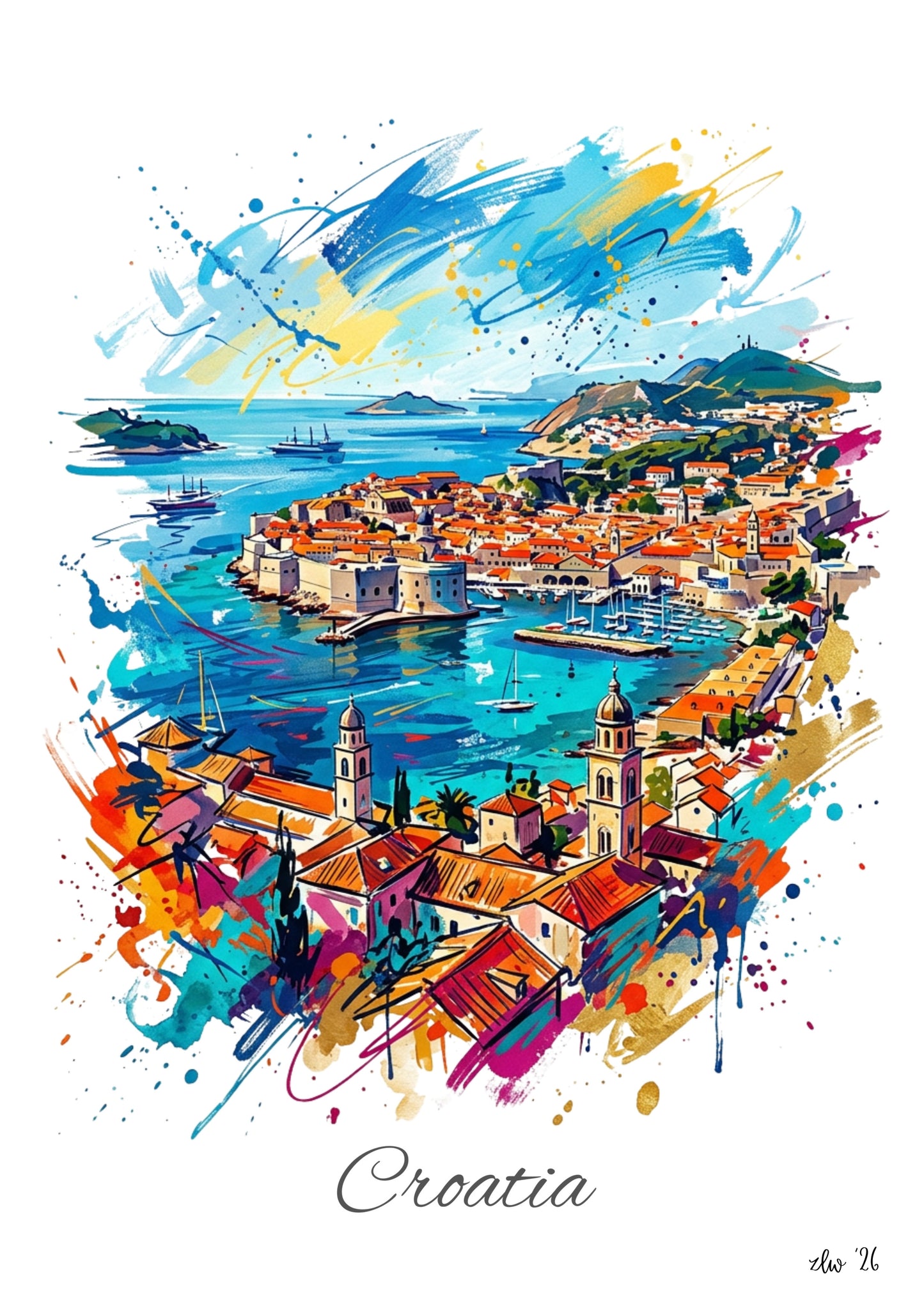 Croatia Coloursplash Travel Print – Modern Dubrovnik Wall Art