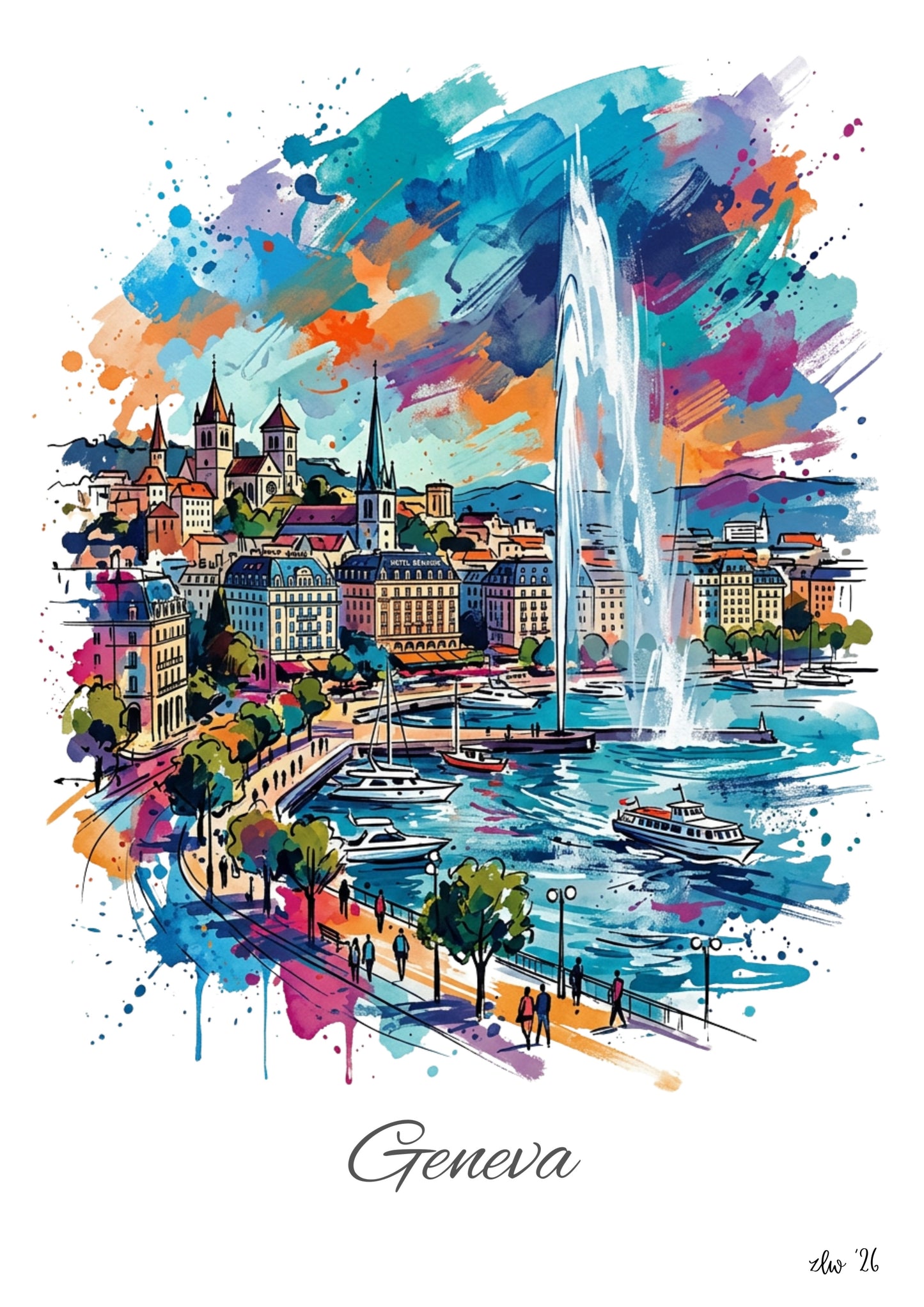 Geneva Coloursplash Travel Print – Modern Switzerland Wall Art