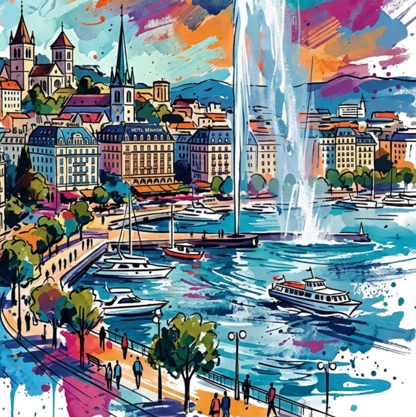 Geneva Coloursplash Travel Print – Modern Switzerland Wall Art