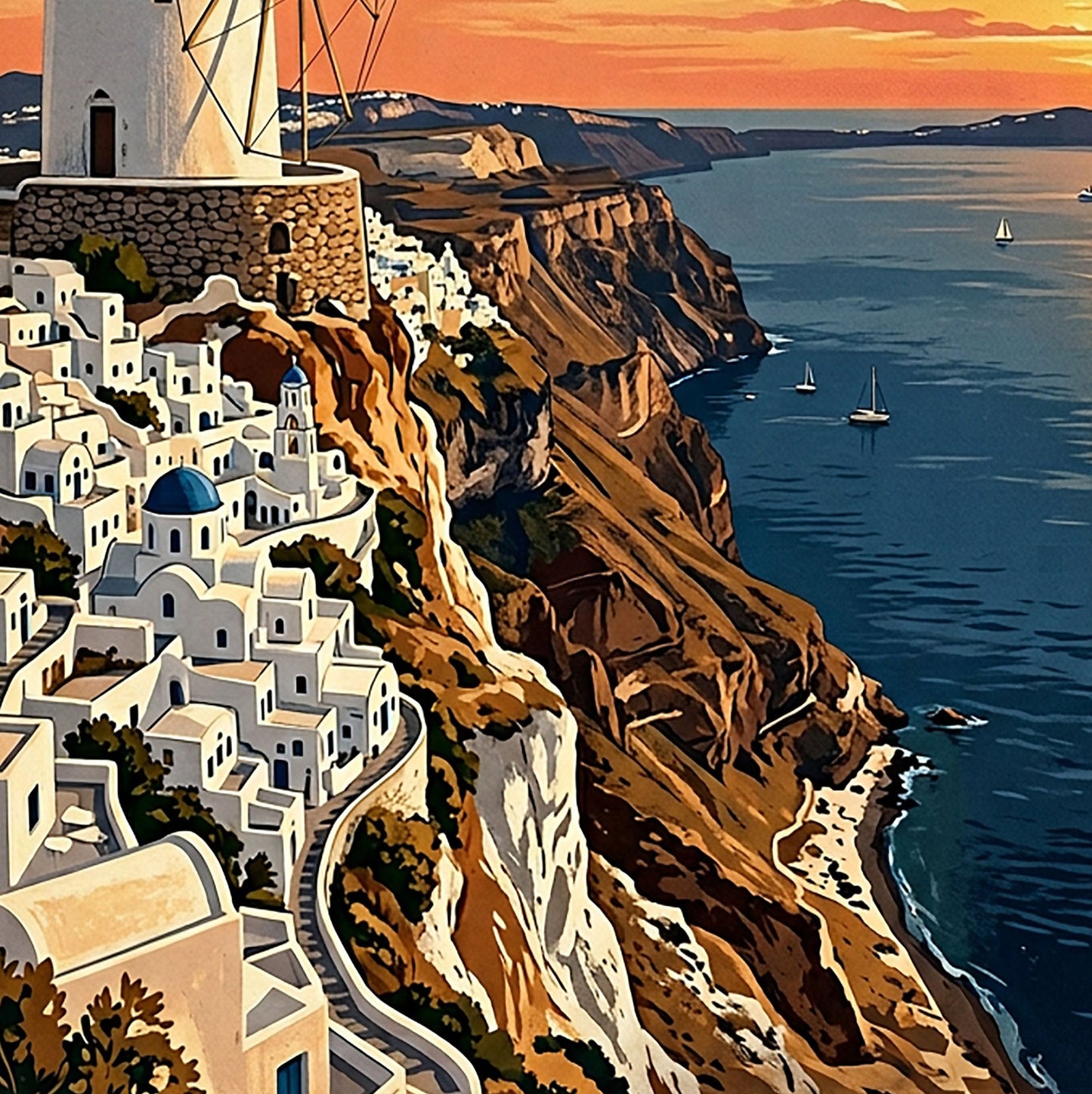 Santorini Greece Travel Poster – Aegean Sunsets Retro Wall Art