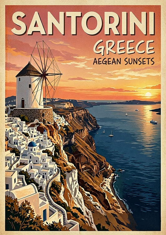 Santorini Greece Travel Poster – Aegean Sunsets Retro Wall Art