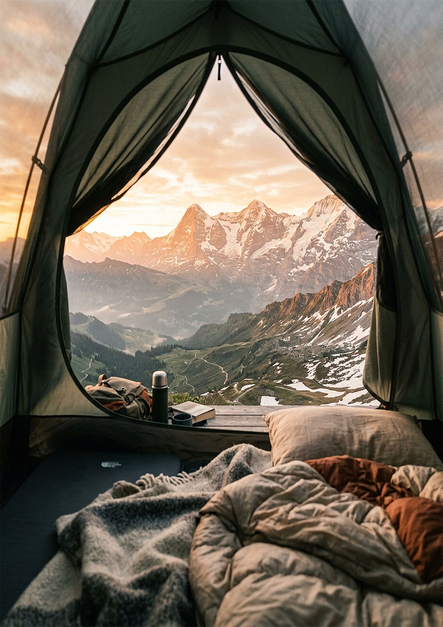 Mountain Tent View – Cozy Sunrise Adventure Print