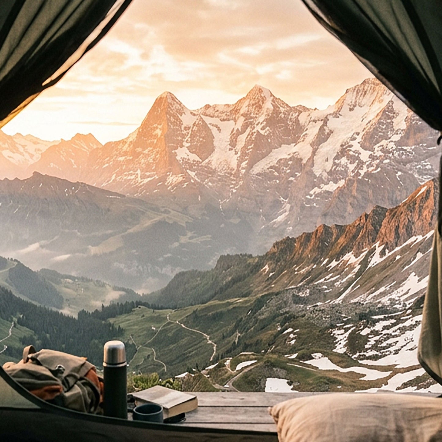 Mountain Tent View – Cozy Sunrise Adventure Print