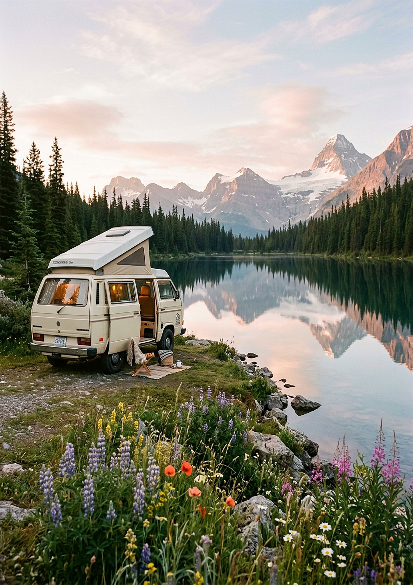 Mountain Lake Camper Van – Wildflower Adventure Print