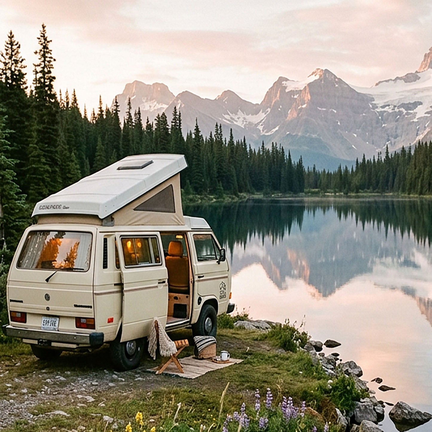Mountain Lake Camper Van – Wildflower Adventure Print