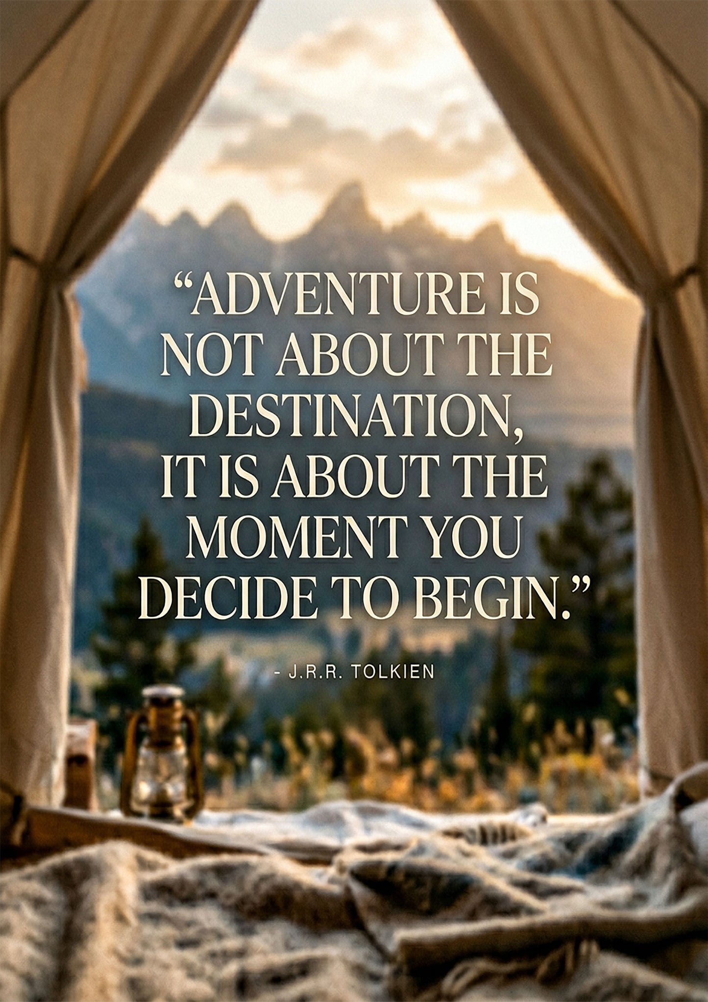 Adventure Begins – Tent View Mountain Sunrise Print
