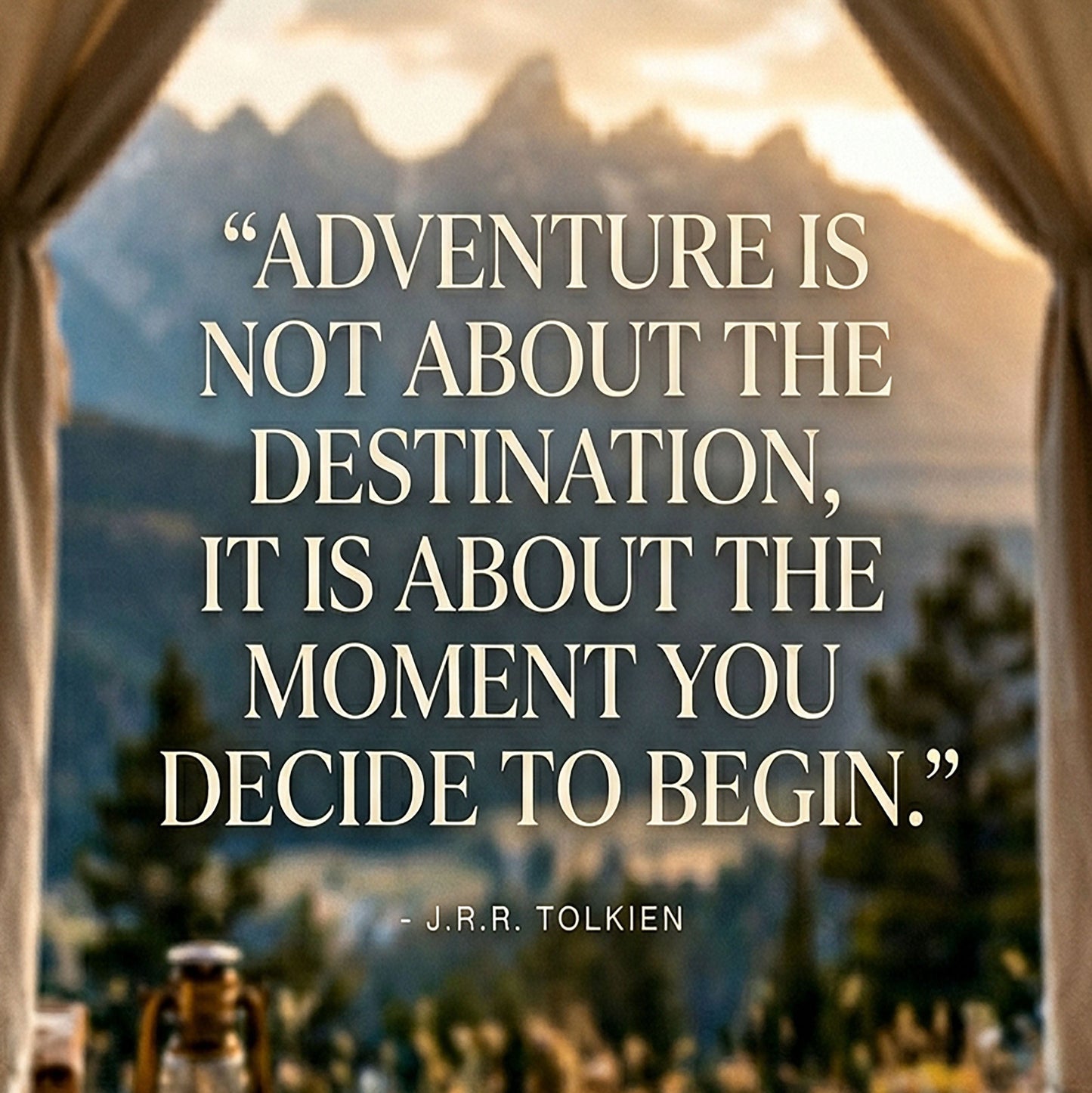 Adventure Begins – Tent View Mountain Sunrise Print