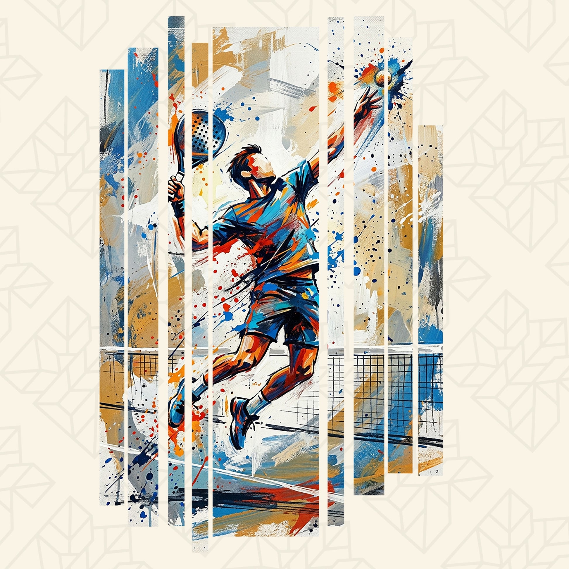 Athletic T-shirt back graphic print with blue, tan, white and splatter accents