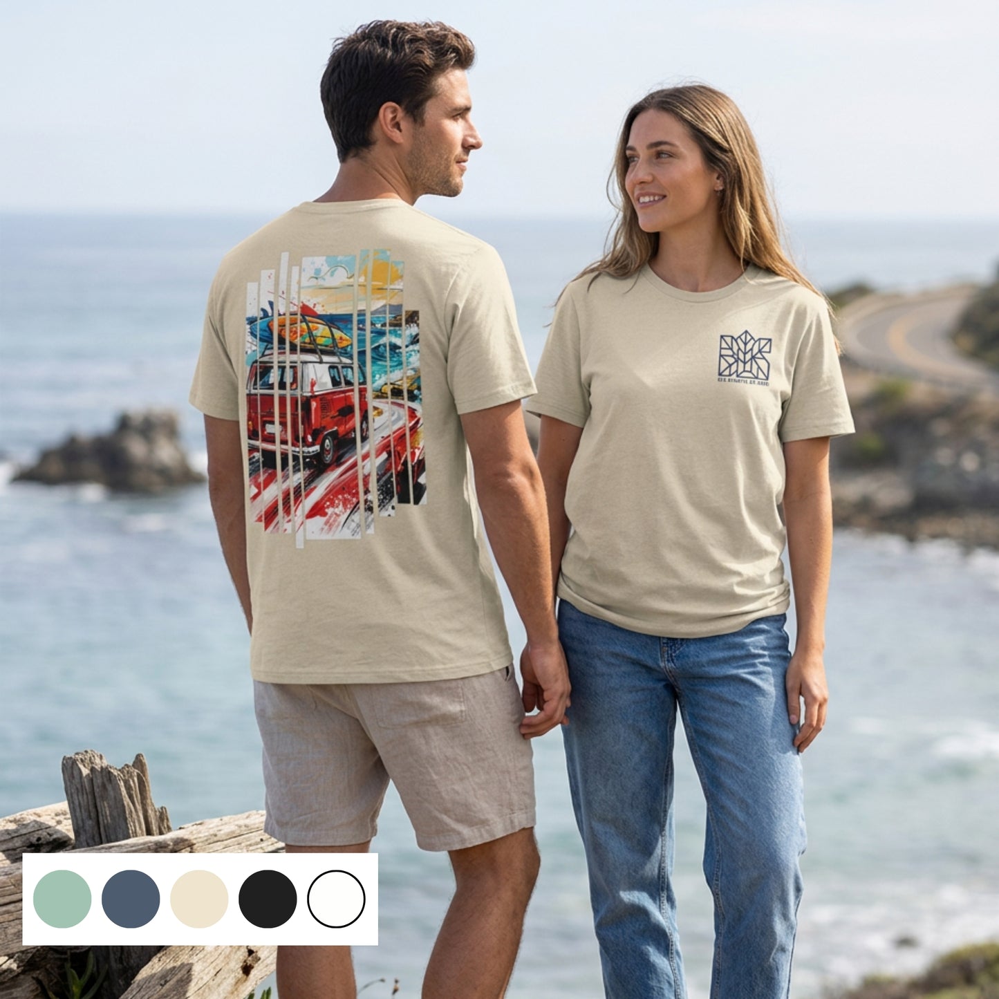 Cream T-shirt with small front logo and large back camper van print