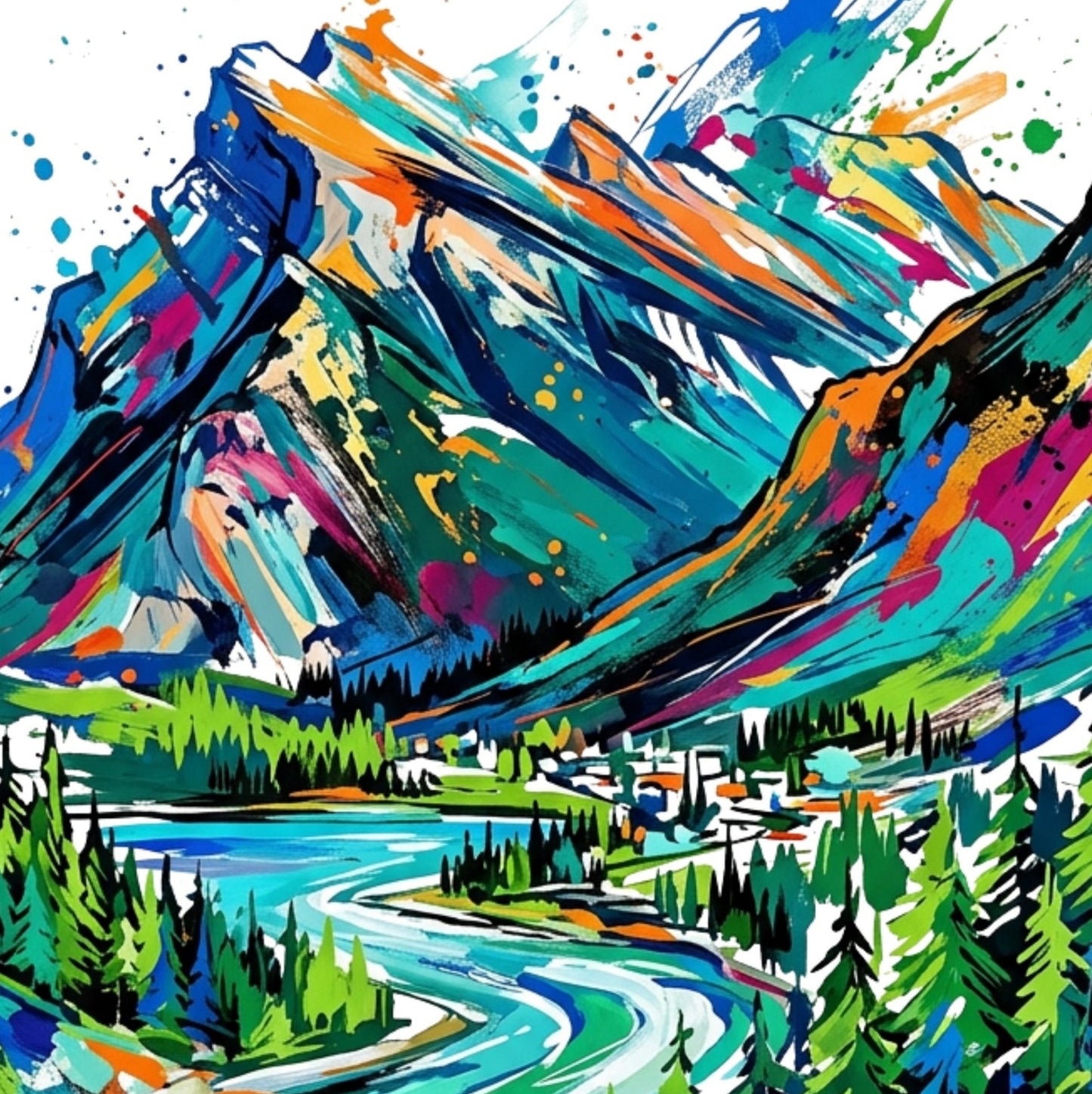 Vibrant watercolor and ink-style landscape artwork showing colorful mountains, a winding river, evergreen trees, and a small village on a white background.