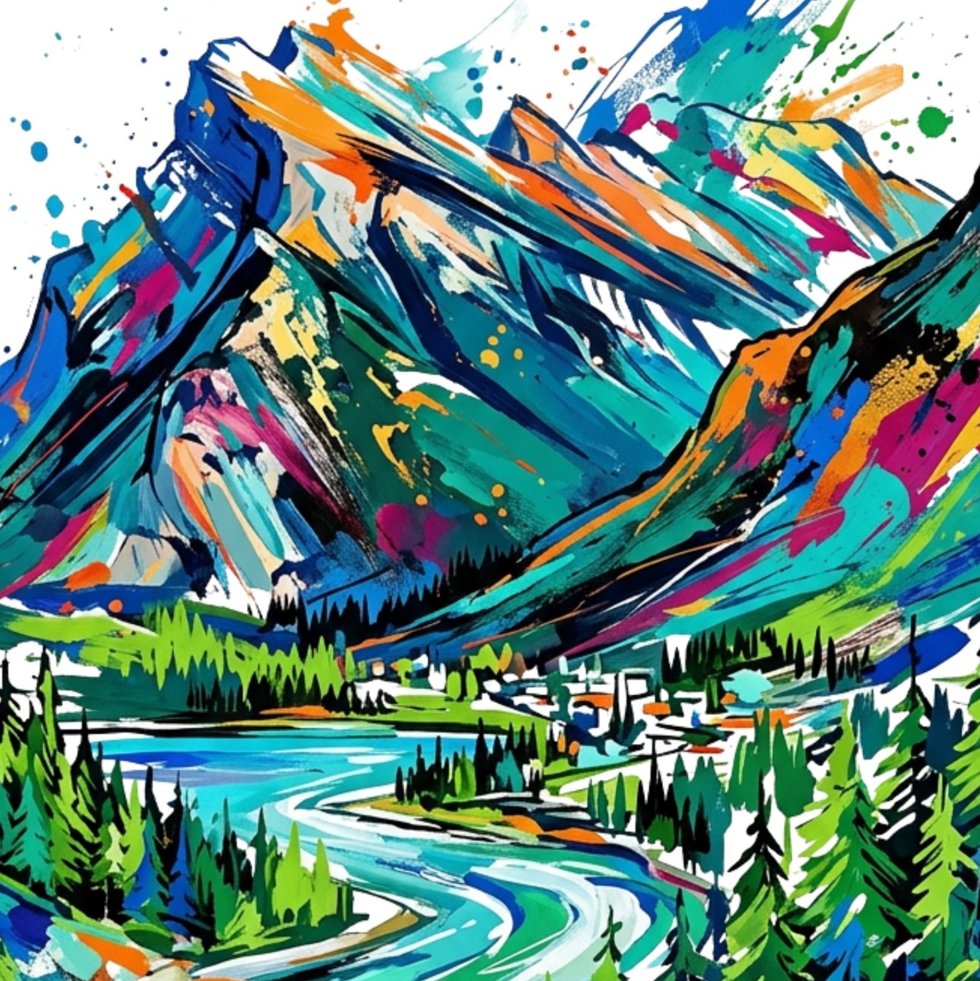 Vibrant watercolor and ink-style landscape artwork showing colorful mountains, a winding river, evergreen trees, and a small village on a white background.