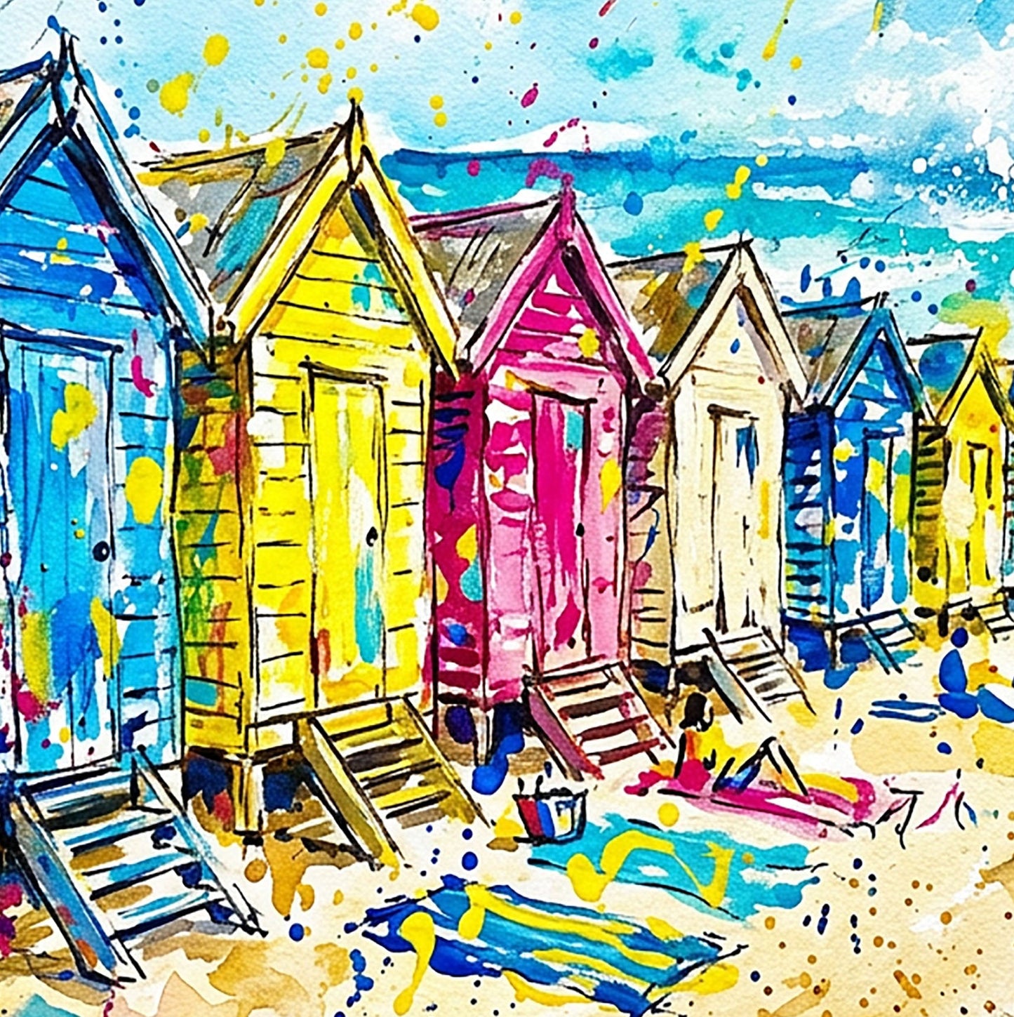 Expressive Coloursplash Beach Huts Print – Vibrant Coastal Wall Art