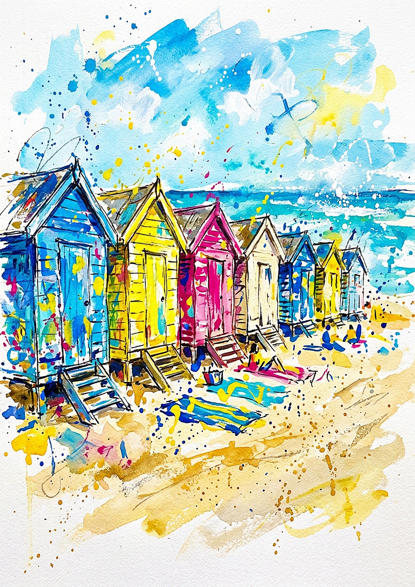 Expressive Coloursplash Beach Huts Print – Vibrant Coastal Wall Art