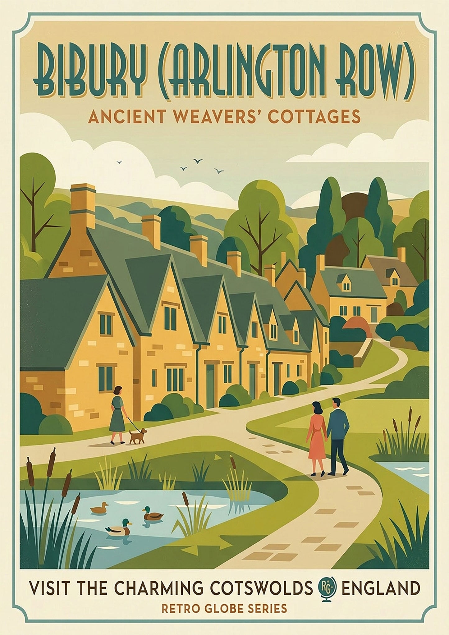 Bibury Retro Travel Print – Mid‑Century Cotswolds Wall Art