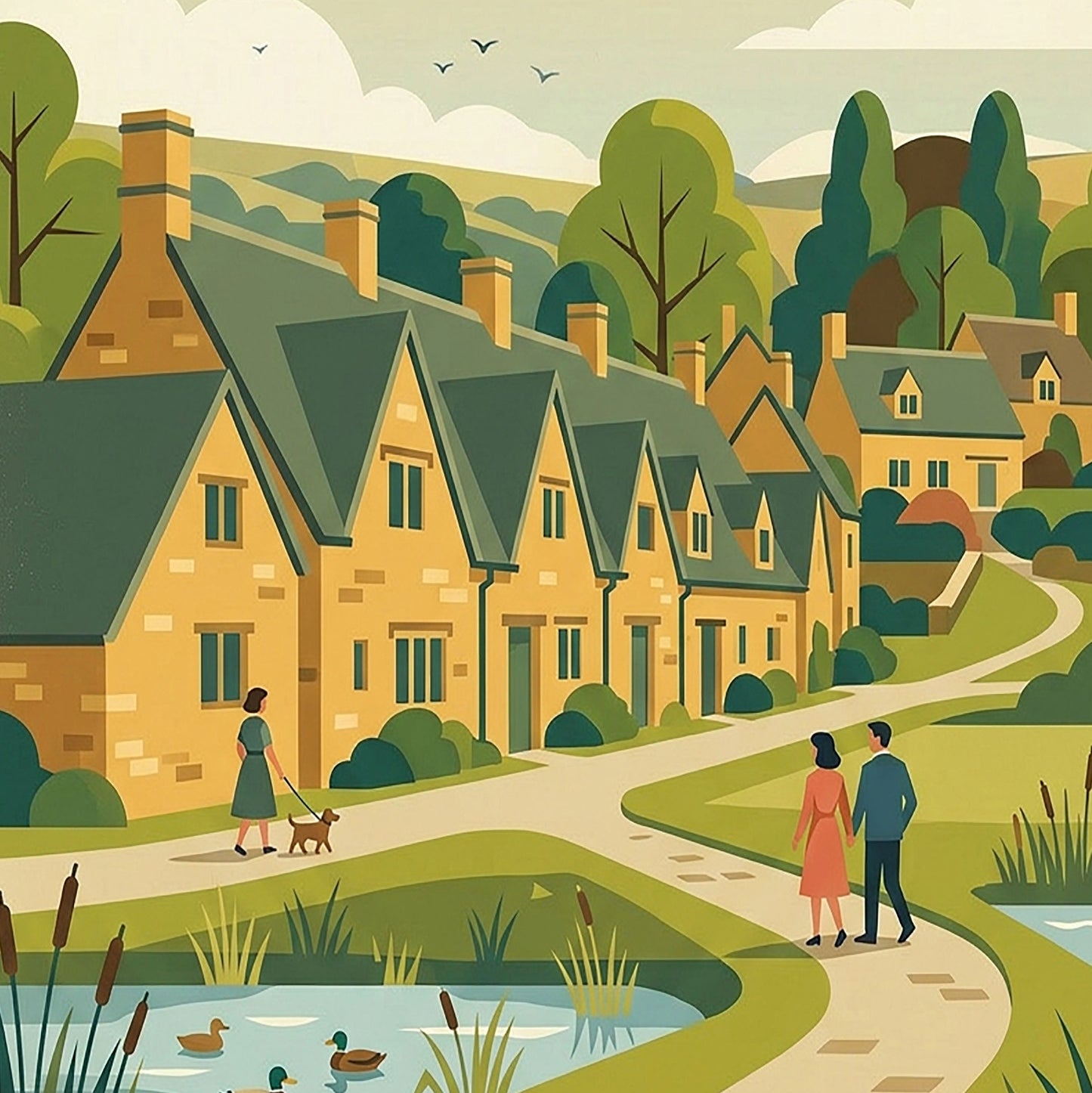 Bibury Retro Travel Print – Mid‑Century Cotswolds Wall Art