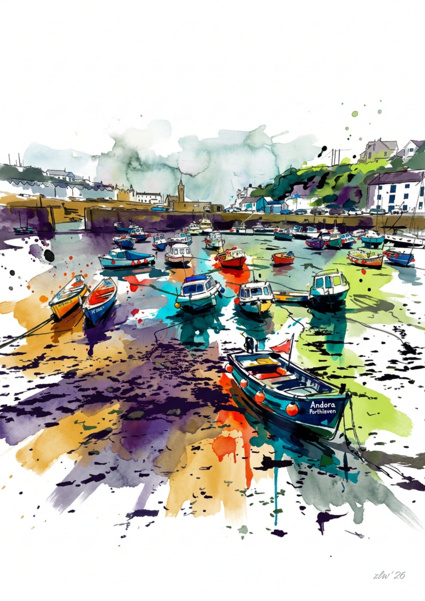 Porthleven Harbour Coloursplash Coastal Print – Modern Nautical Wall Art