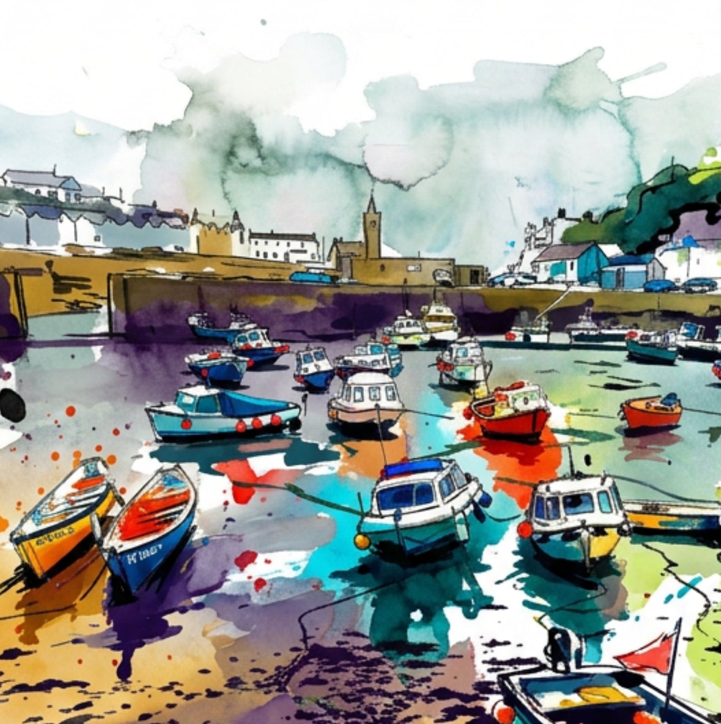 Porthleven Harbour Coloursplash Coastal Print – Modern Nautical Wall Art