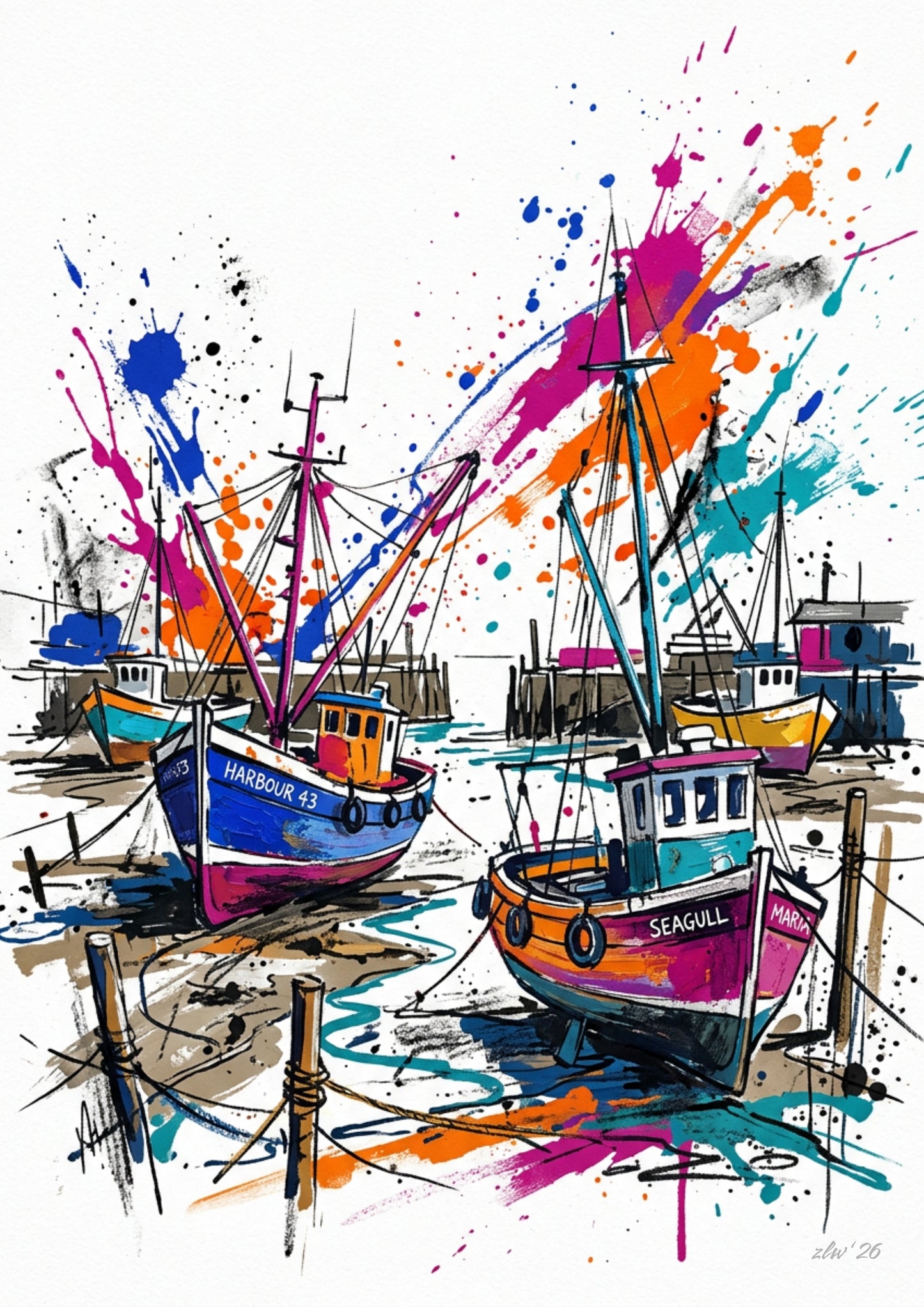 Harbour Boats Coloursplash Coastal Print – Modern Nautical Wall Art